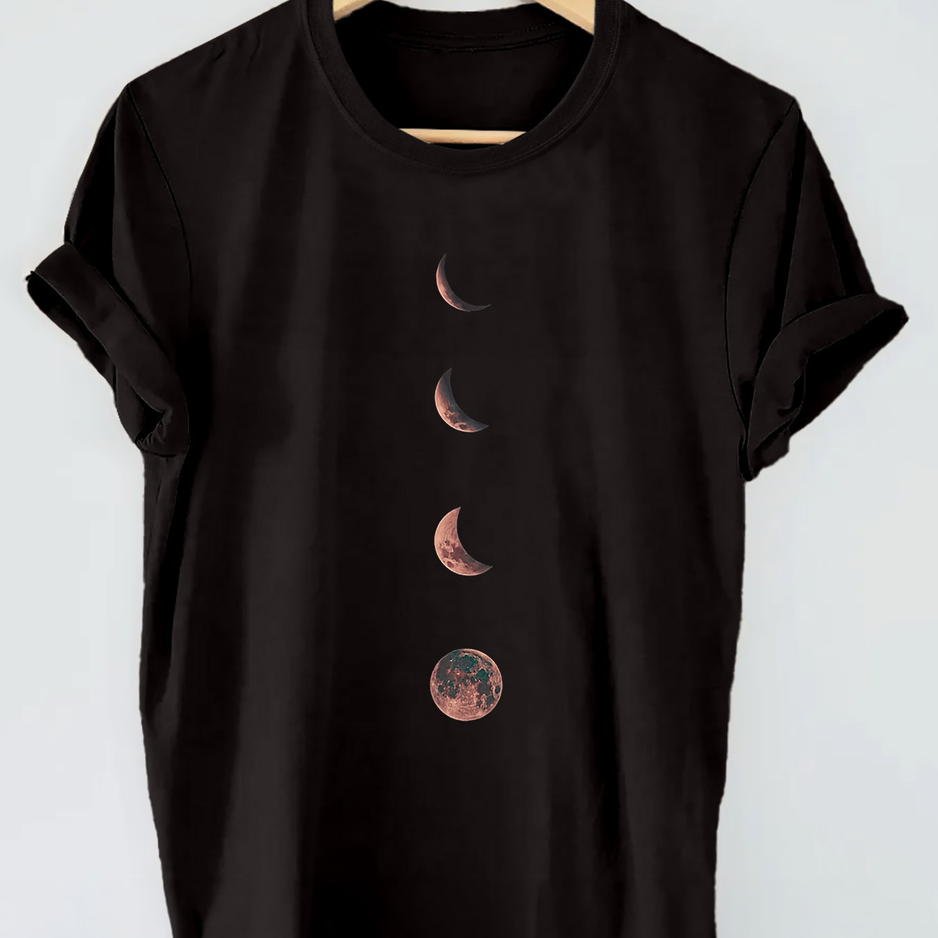 

Crescent Moon & Full Moon Print T-shirt, Short Sleeve Crew Neck Casual Top For Summer & Spring, Women's Clothing