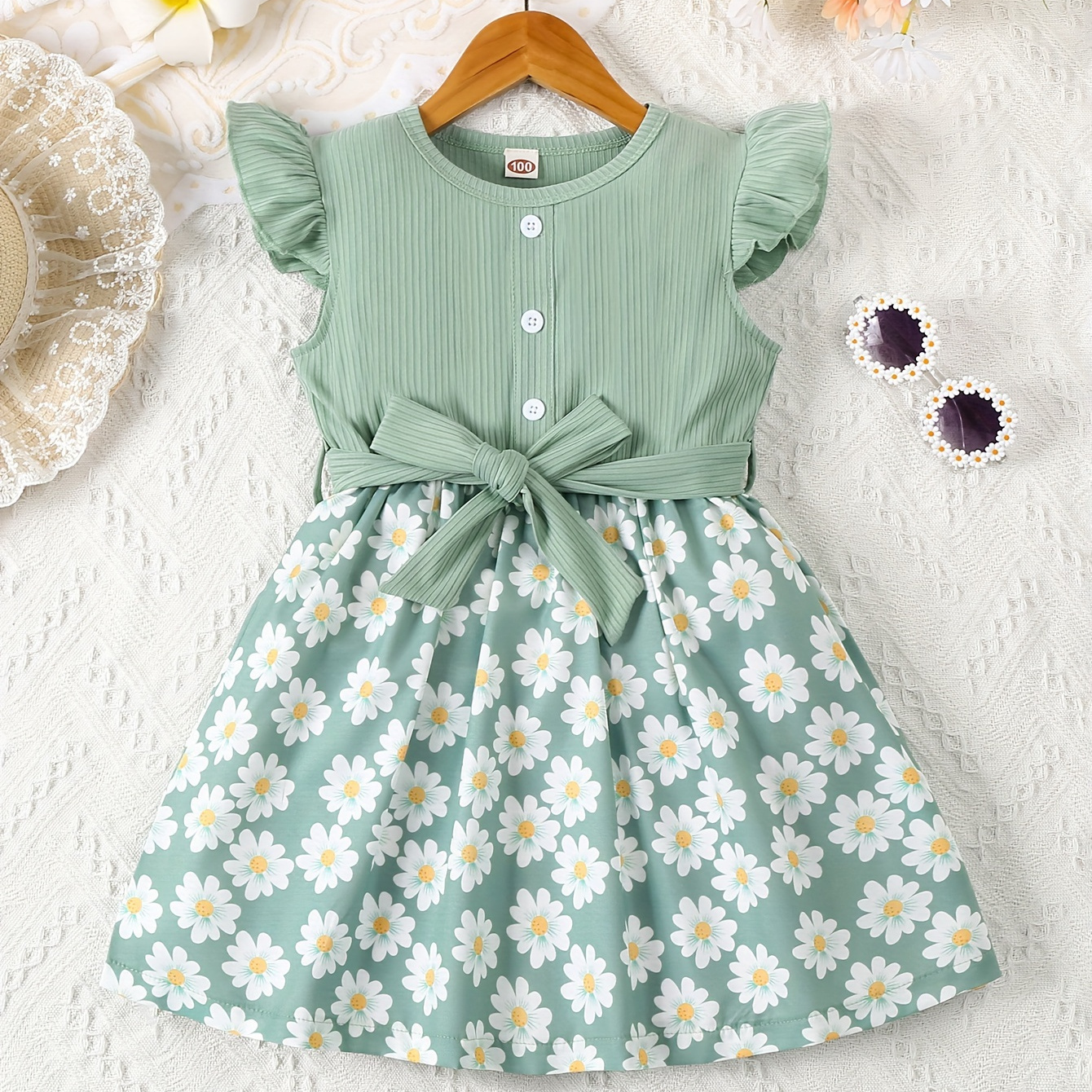 

Sweet Daisy Print Ruffle Dress For Girls, Cute Splicing Comfy Dresses For Holiday/ Summer/ Party