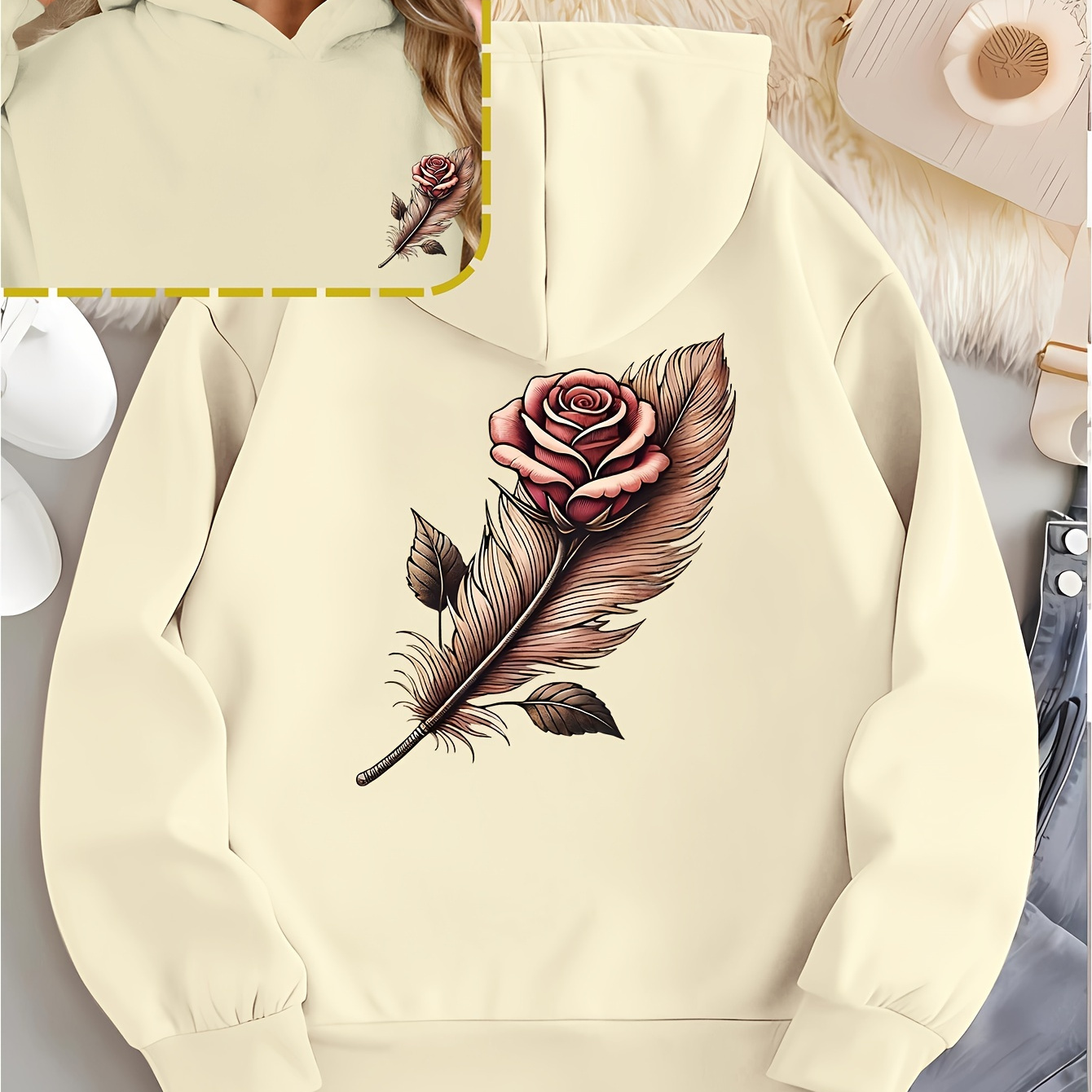 

Women's Casual Hoodie With Feather Rose Print, Polyester Knit Fabric, Spring/fall Collection, Alphabet Letter Embellishment, Hooded Sweatshirt