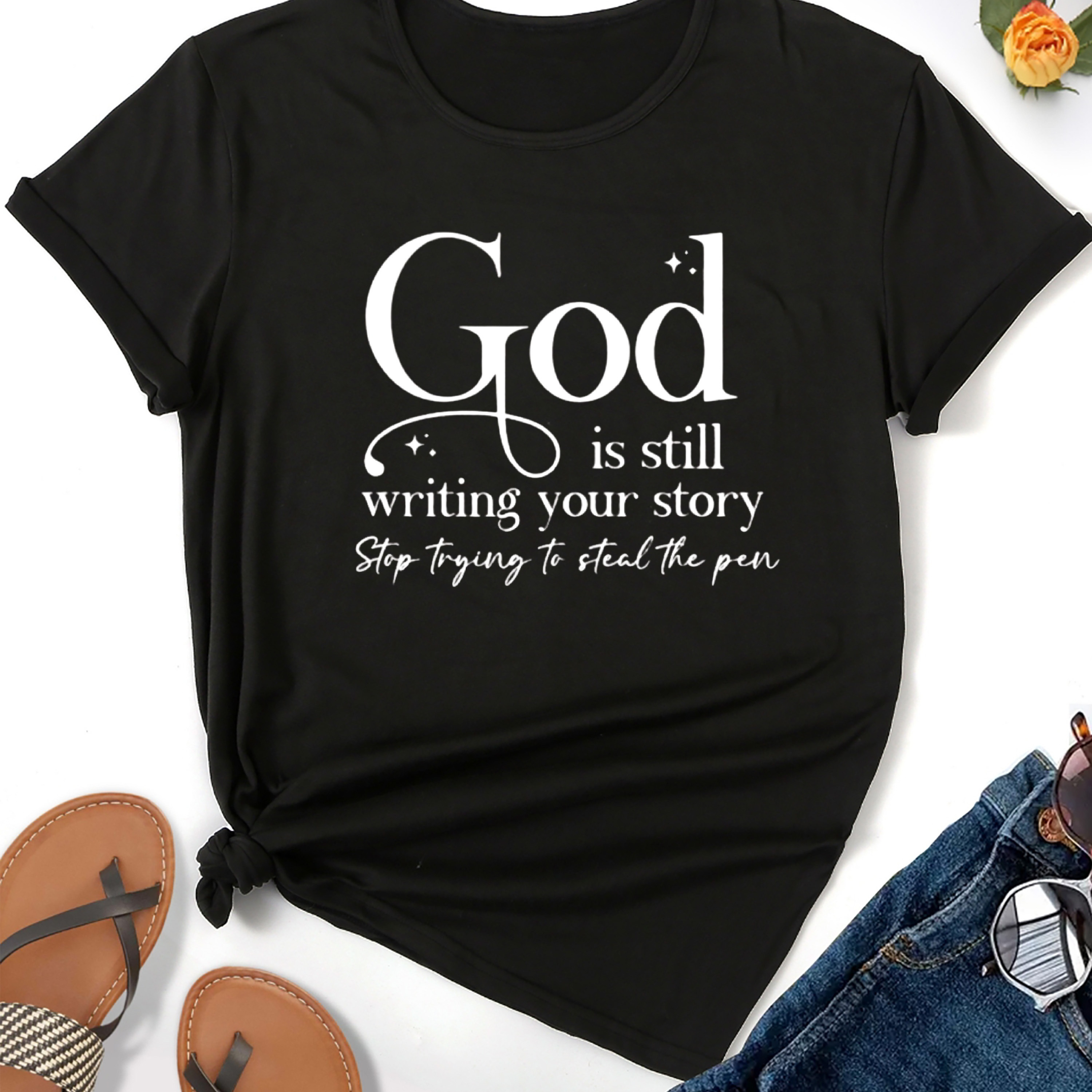 

God Letter Print T-shirt, Casual Short Sleeve Crew Neck Top For Spring & Summer, Women's Clothing