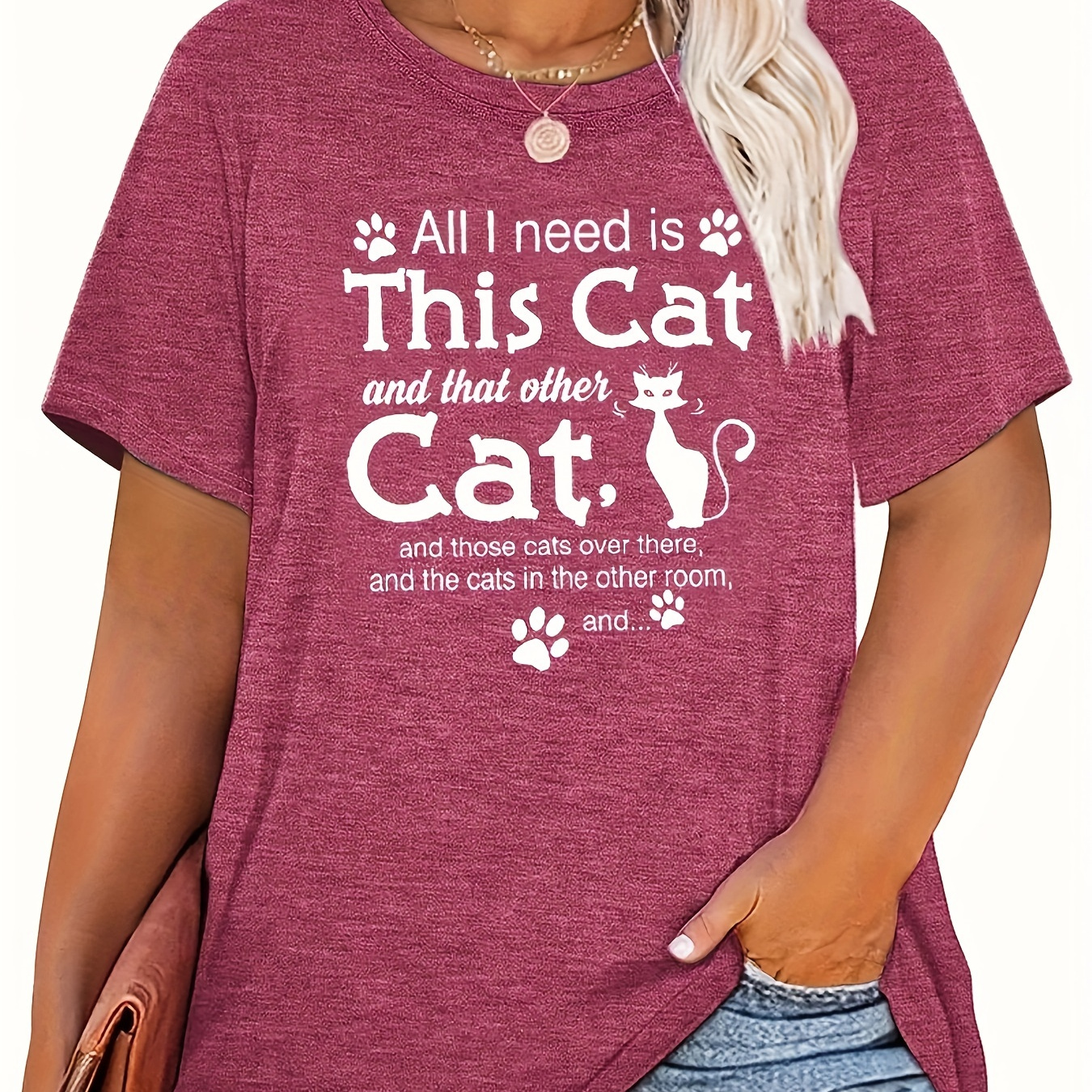 

Plus Size Cat Print T-shirt, Casual Crew Neck Short Sleeve Top For Spring & Summer, Women's Plus Size Clothing