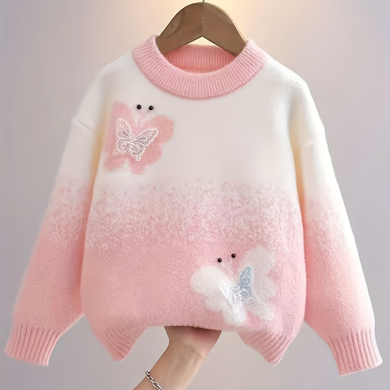 

Girls Winter Ombre Butterfly Knit Pullover Sweater - Comfy Soft Fleece Casual Long Sleeve Jumper Top