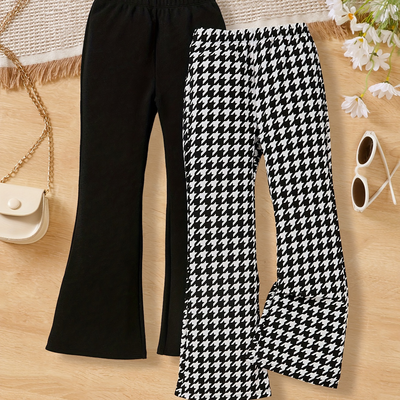 

Tween Girls 2-piece Casual & Trendy Solid Colored/allover Houndstooth Pattern Flared Pants Set For Spring & Fall