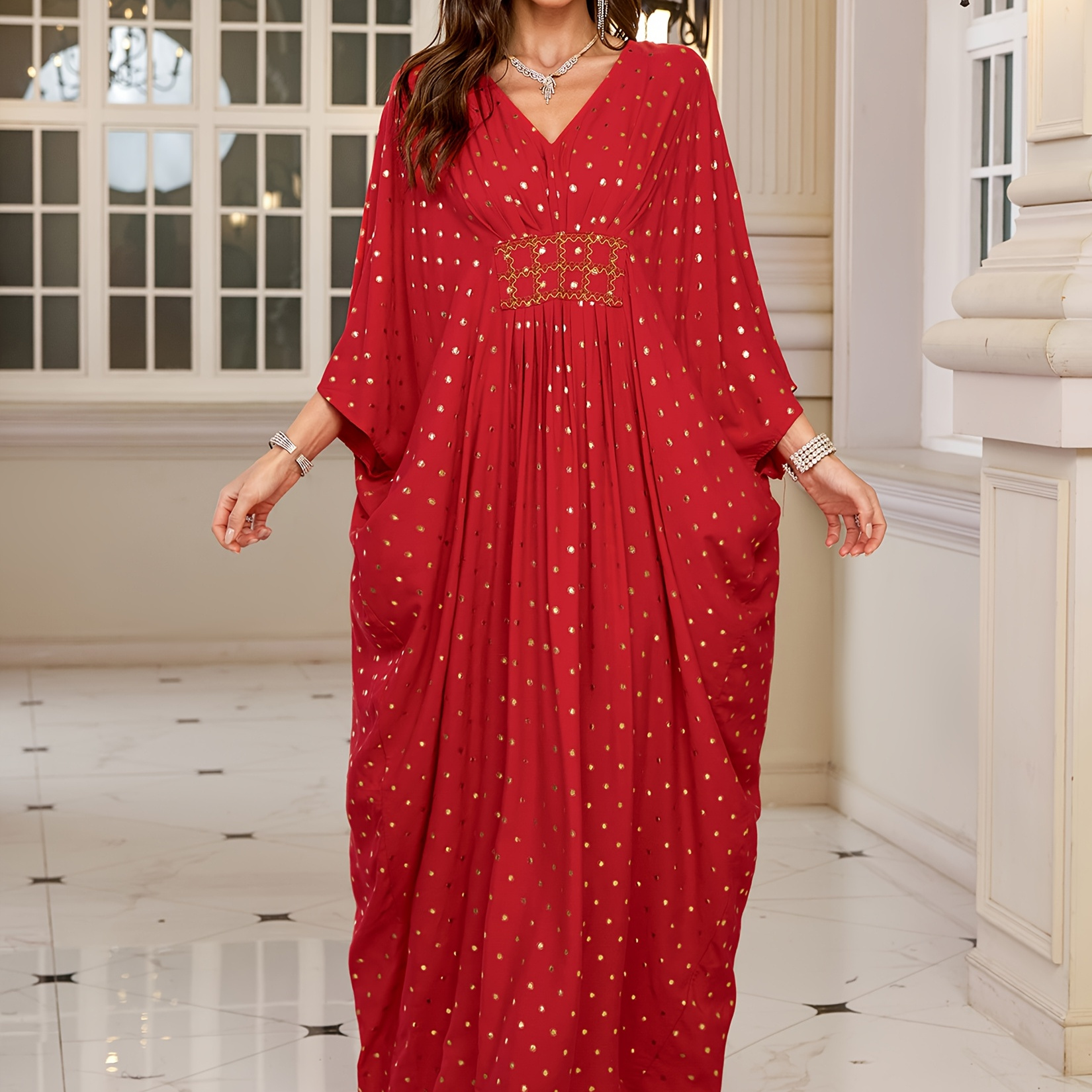 

EDOLYNSA Kaftan Élégant à Col en V Rouge à , Manches Longues Chauve-Souris, Ourlet , Coupe , 100% Viscose, Tissé, Détail à Volants, pour Femmes, Printemps/Été/Automne - Q1804