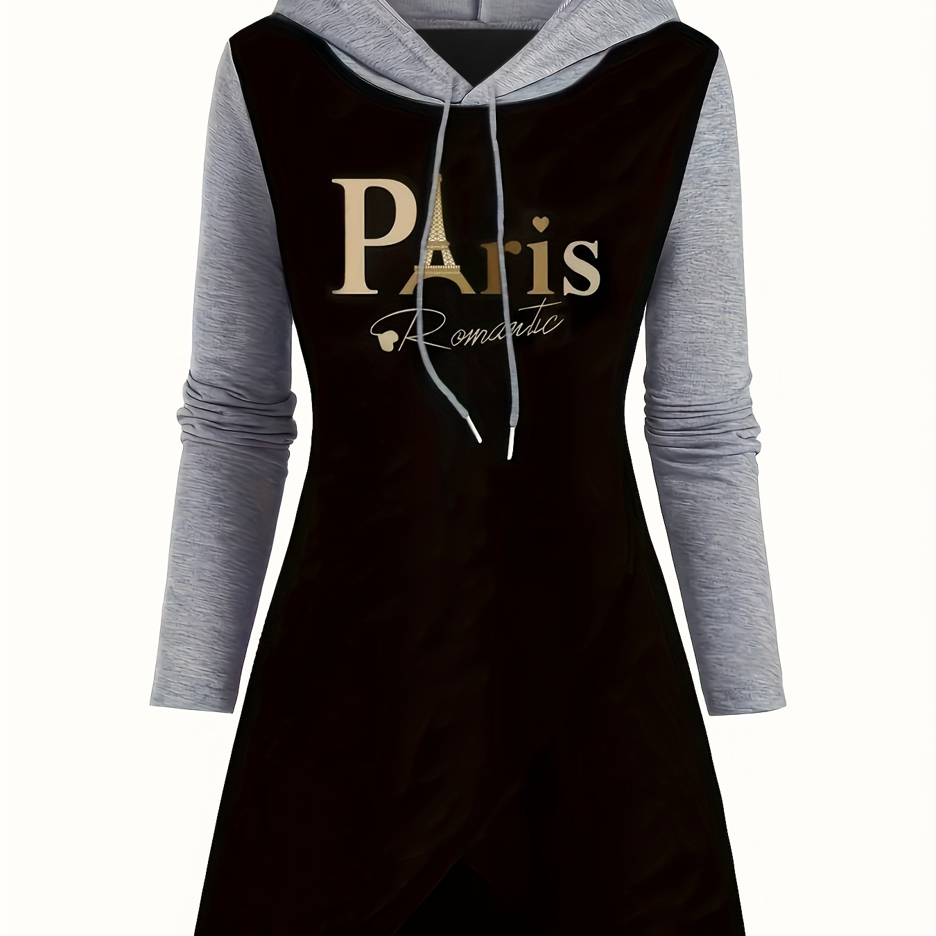 

Paris Print Drawstring Hoodie, Casual Long Sleeve Tunic Hoodie Sweatshirt, Women's Clothing