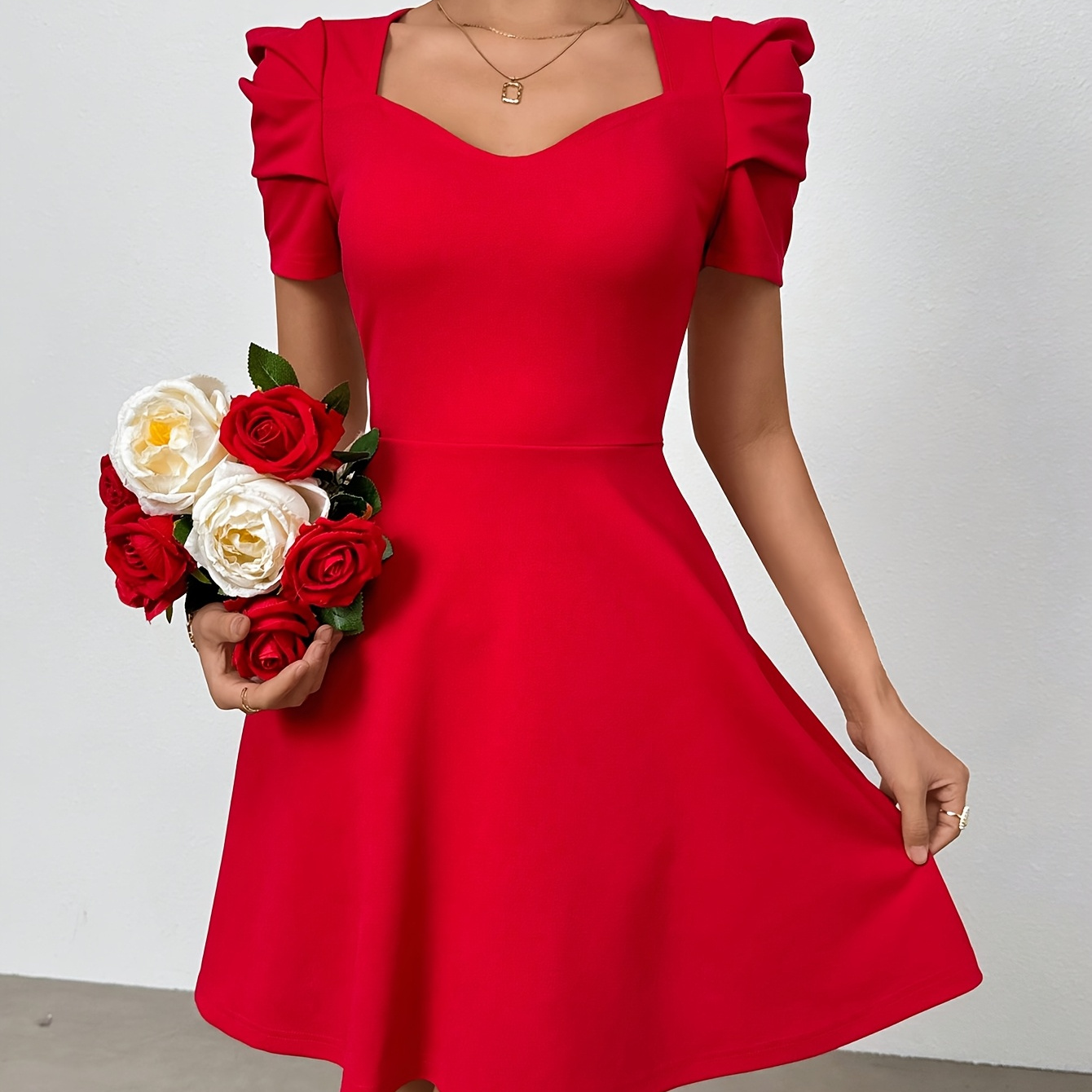 

Women's Elegant -line Midi Dress, V-neck Puff Sleeve Knit Fabric, 95% Polyester 5% Elastane, Fitted Solid Color Dress