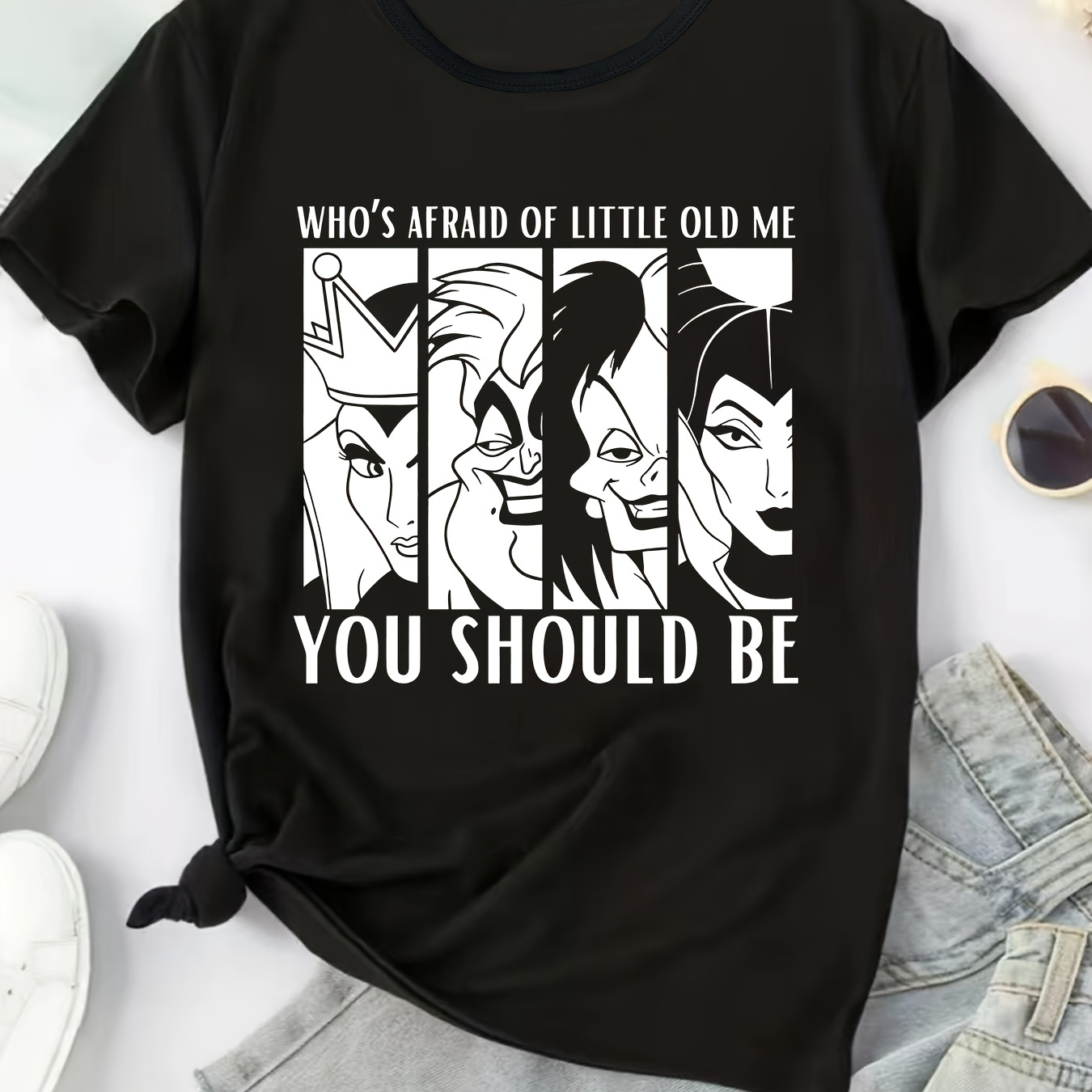 

Women's "who's Of " Villain Graphic Tee - Casual Black Crew Neck Short Sleeve Top, Stretchy Polyester , & Travel-friendly, Valentine's & New Year Gifts