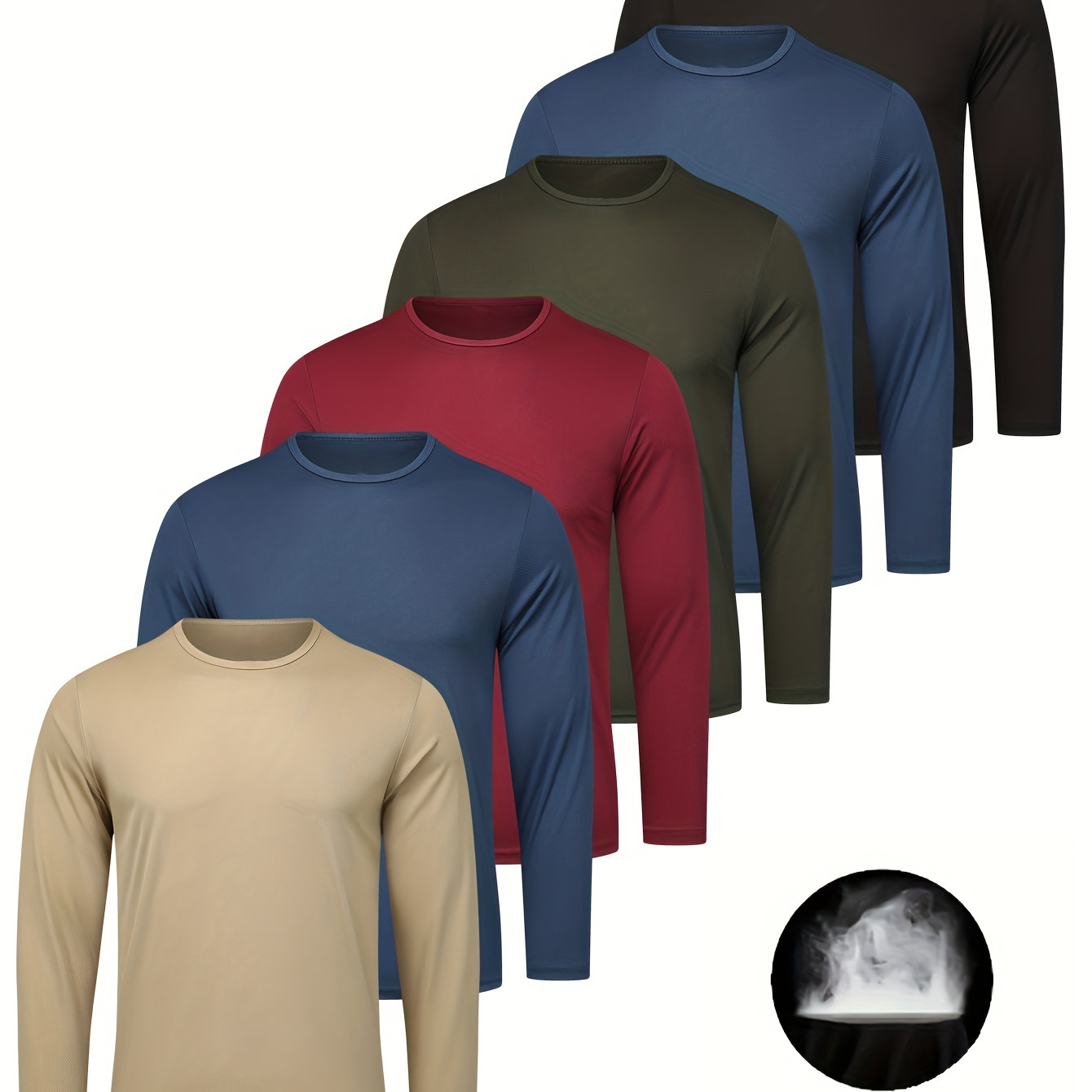 

6-pack Quick-dry Crew Neck T-shirts - , Moisture-wicking, Breathable, Anti-shrink For Fishing, Running, Hiking, Gym, Fitness Activities, Polyester Solid Color Long Sleeve Sports Tops