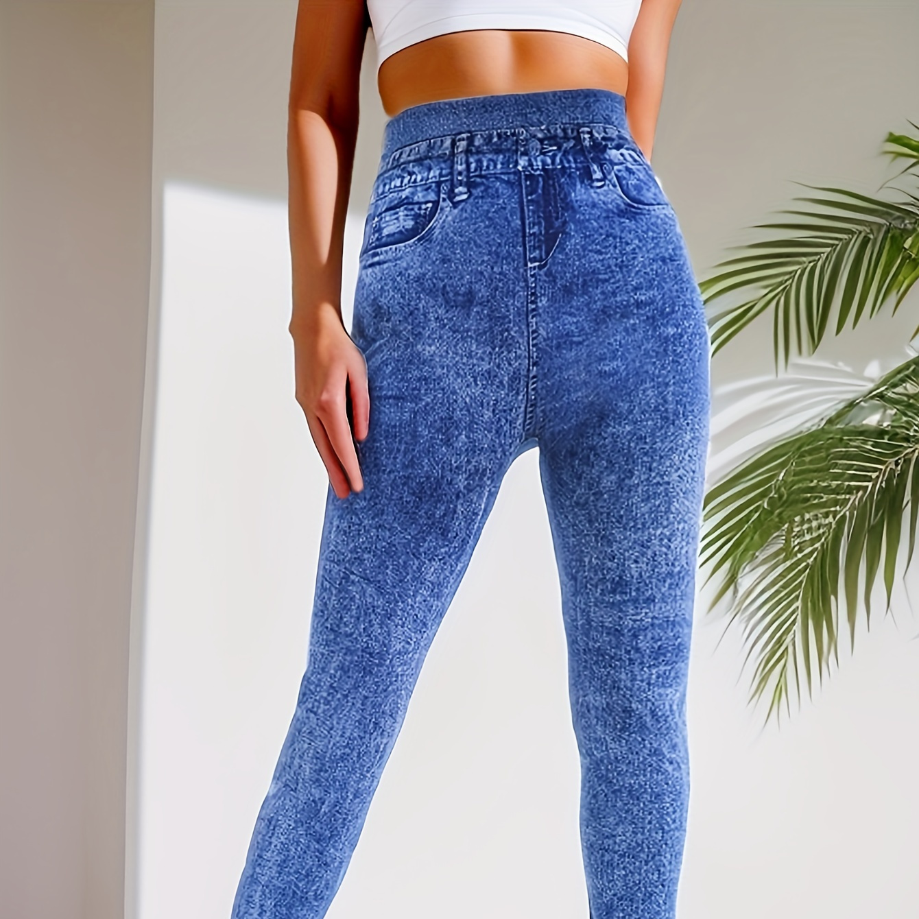 

Leggings Extensibles en Denim Taille Haute pour Femmes - Couture, Confortables avec Poches, Taille Élastique, Tenue Décontractée et de Fitness Polyvalente, Bleu