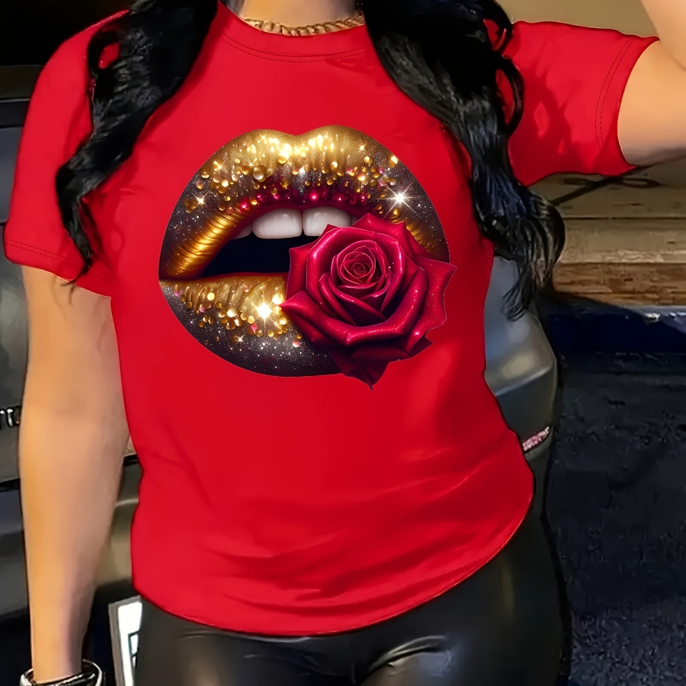 

1pc Women's Casual Round Neck T-shirt With Glittering Golden Lips And Rose Print, Short Sleeve Polyester Top For Spring And Summer