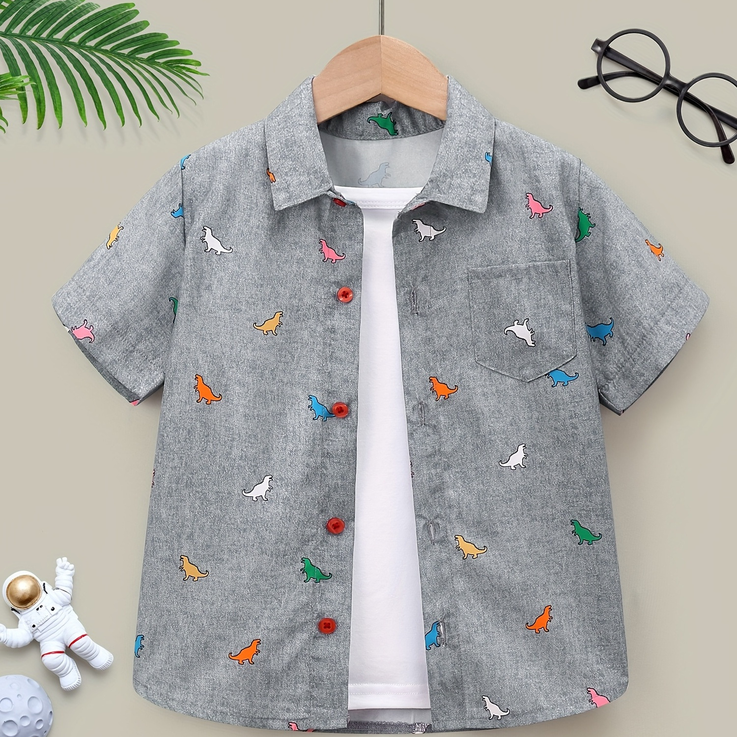 

Dinosaur Graphic Print Boys Creative Top, Casual Non-stretch Short Sleeve Lapel Shirt, Boys Clothes For Summer Outdoor