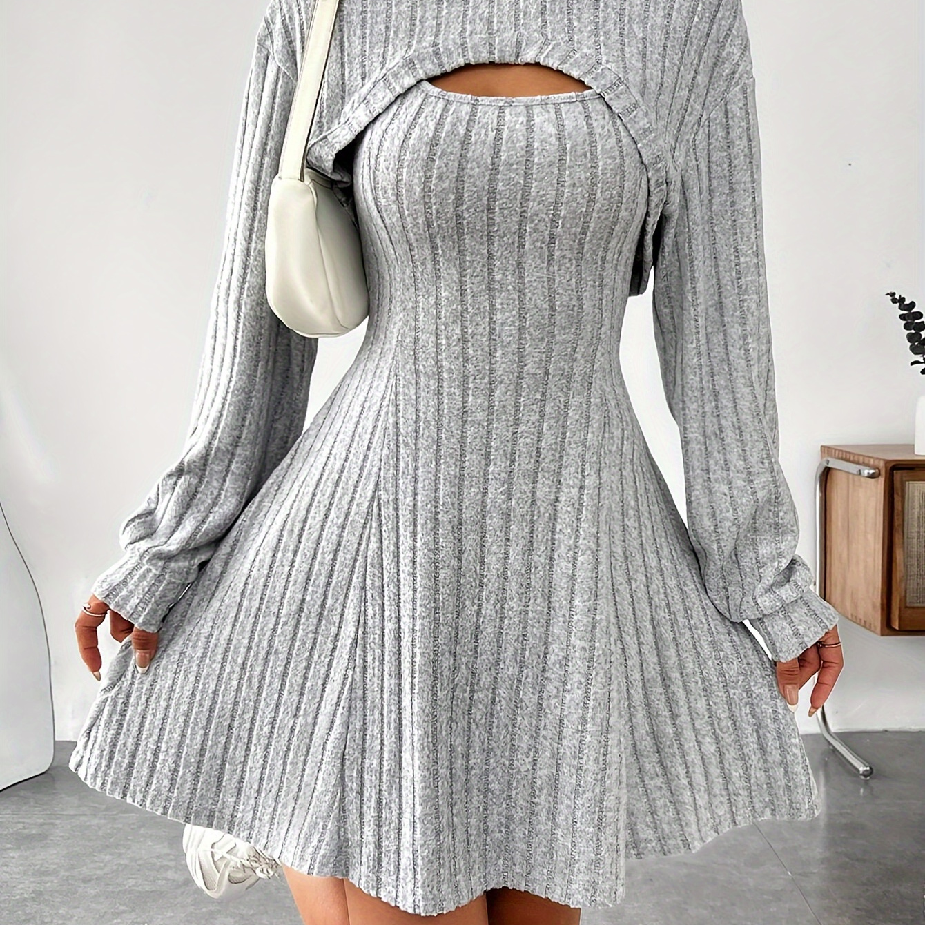 

2pcs Set Women' Color Hooded Long Sleeve Mini Dress And Top, Casual Knit Polyester 100% , Spring/fall Collection