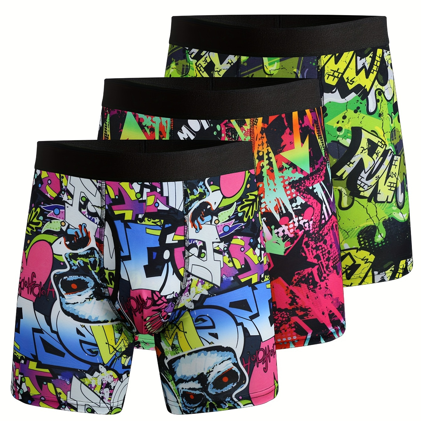 

3pcs Men's Fashion Graffiti Graphic Long Boxer Briefs Shorts, Breathable Comfy Quick Drying Stretchy Boxer Trunks, Sports Trunks, Swim Trunks For Beach Pool, Men's Novelty Underwear