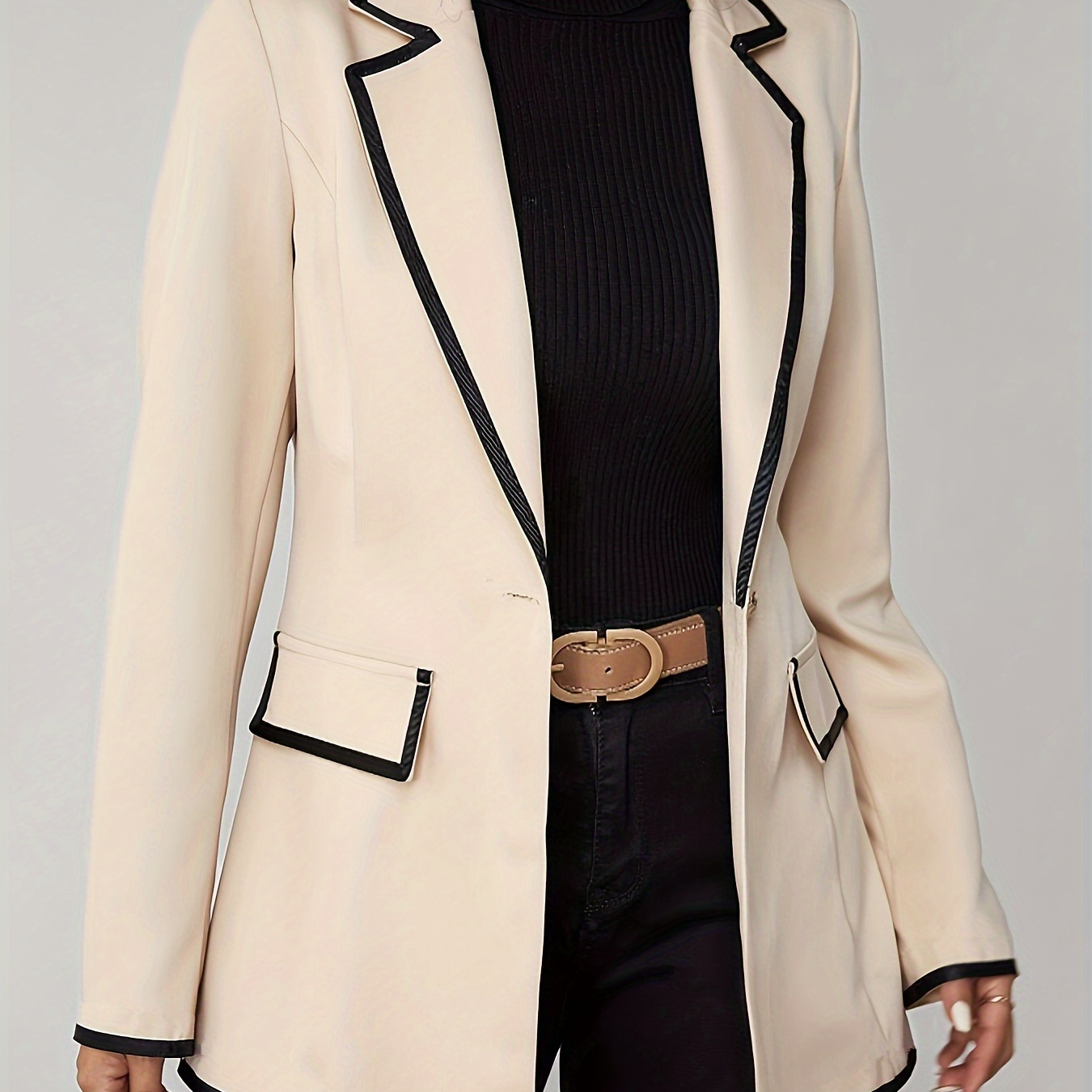 

Button Front Notched Lapel Blazer, Elegant Contrast Trim Long Sleeve Blazer For Office & Work, Women's Clothing