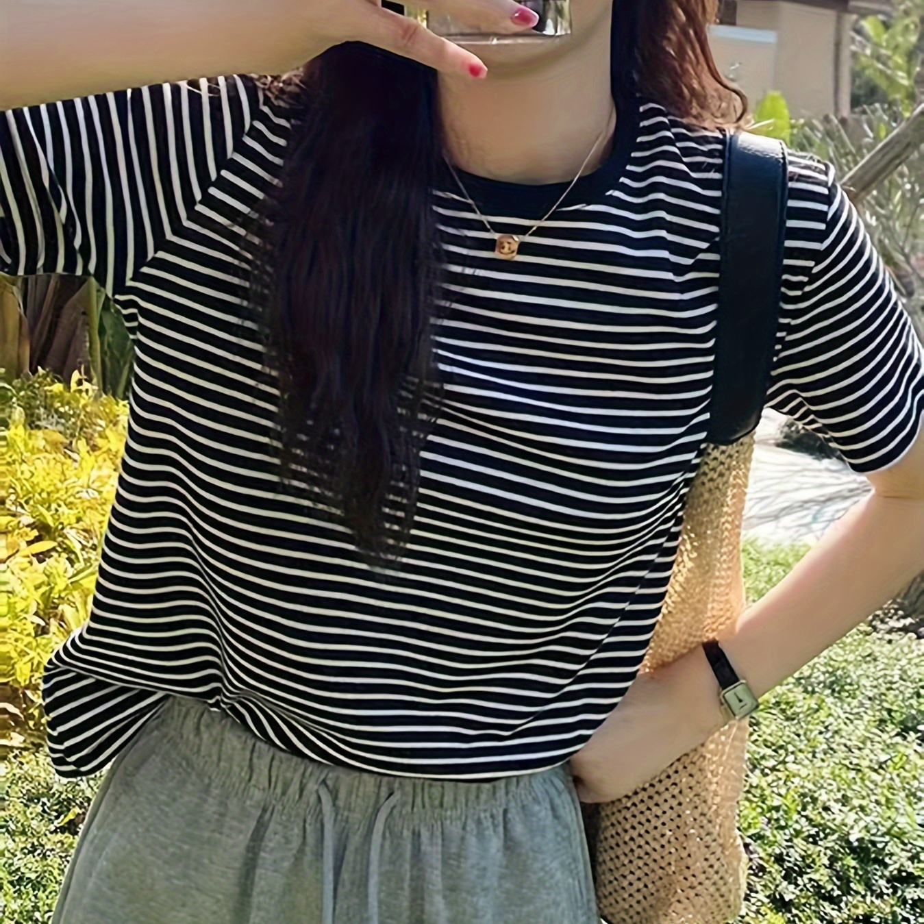 

Striped Crew Neck T-shirt, Casual Short Sleeve T-shirt For , Women's Clothing