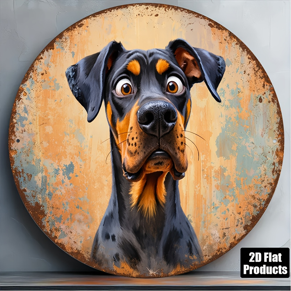 TEMU 2D-flach, 2D-flaches rundes Holz-Hängeschild, Vintage-Wandtafel mit lustigem Dobermann-Porträt im Used-Look, Haustier-Kunstdekor für Wohnzimmer,