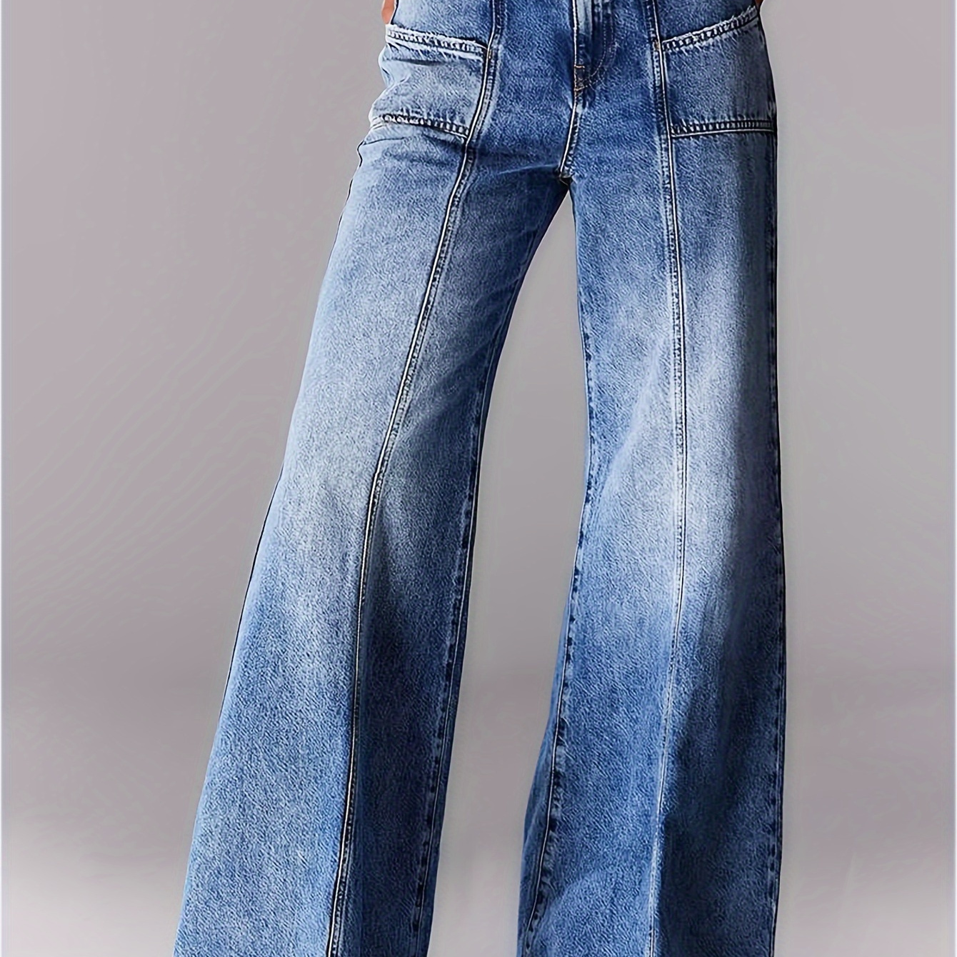 

Elegant Mid-rise Wide-leg Jeans For Women - Stretch Denim With Double Button Detail, Machine Washable