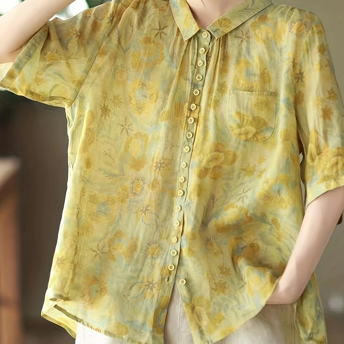 

Floral Print Button Front Blouse, Vacation Collared Half Sleeve Blouse For Spring & Summer, Women's Clothing