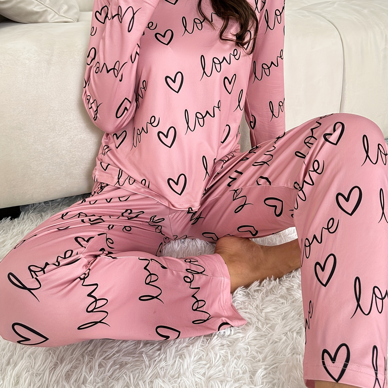 

Cozy Women's Pajama Set With Heart & Letter Print - Long Sleeve, Round Neck Top & Elastic Waist Pants For Fall/winter