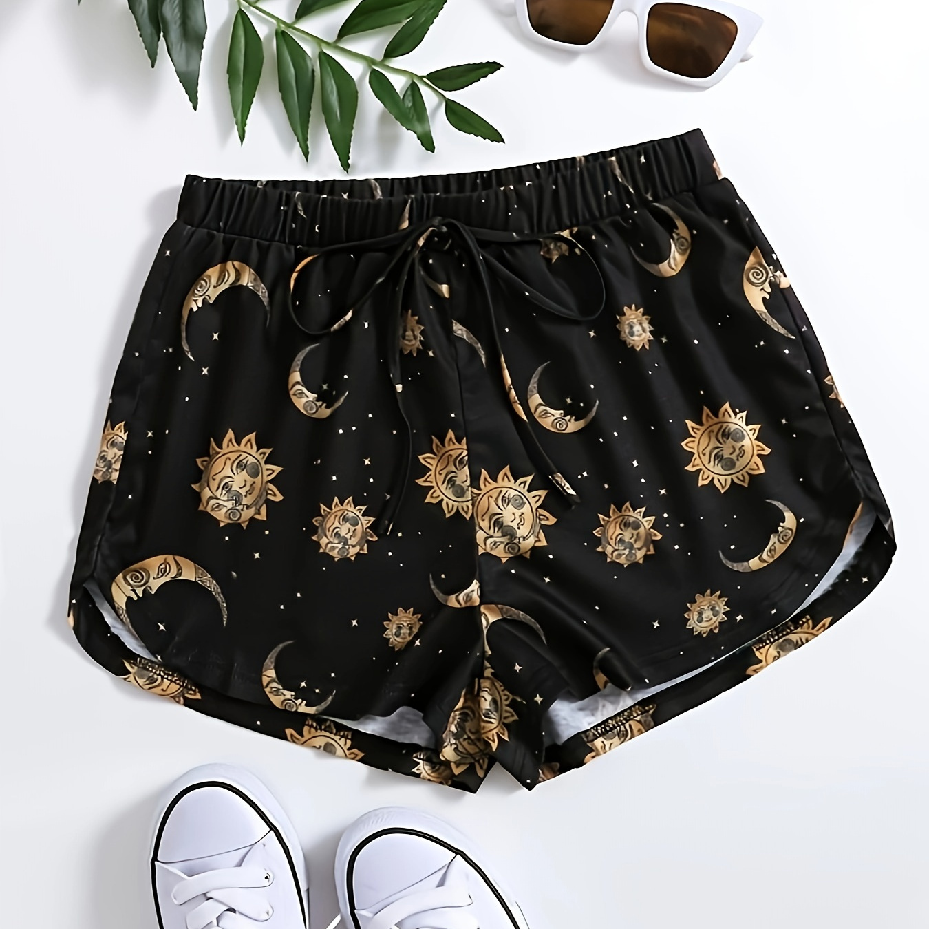 

Sun & Moon Print Fake Drawstring Shorts, Casual Shorts For Summer, Women's Clothing