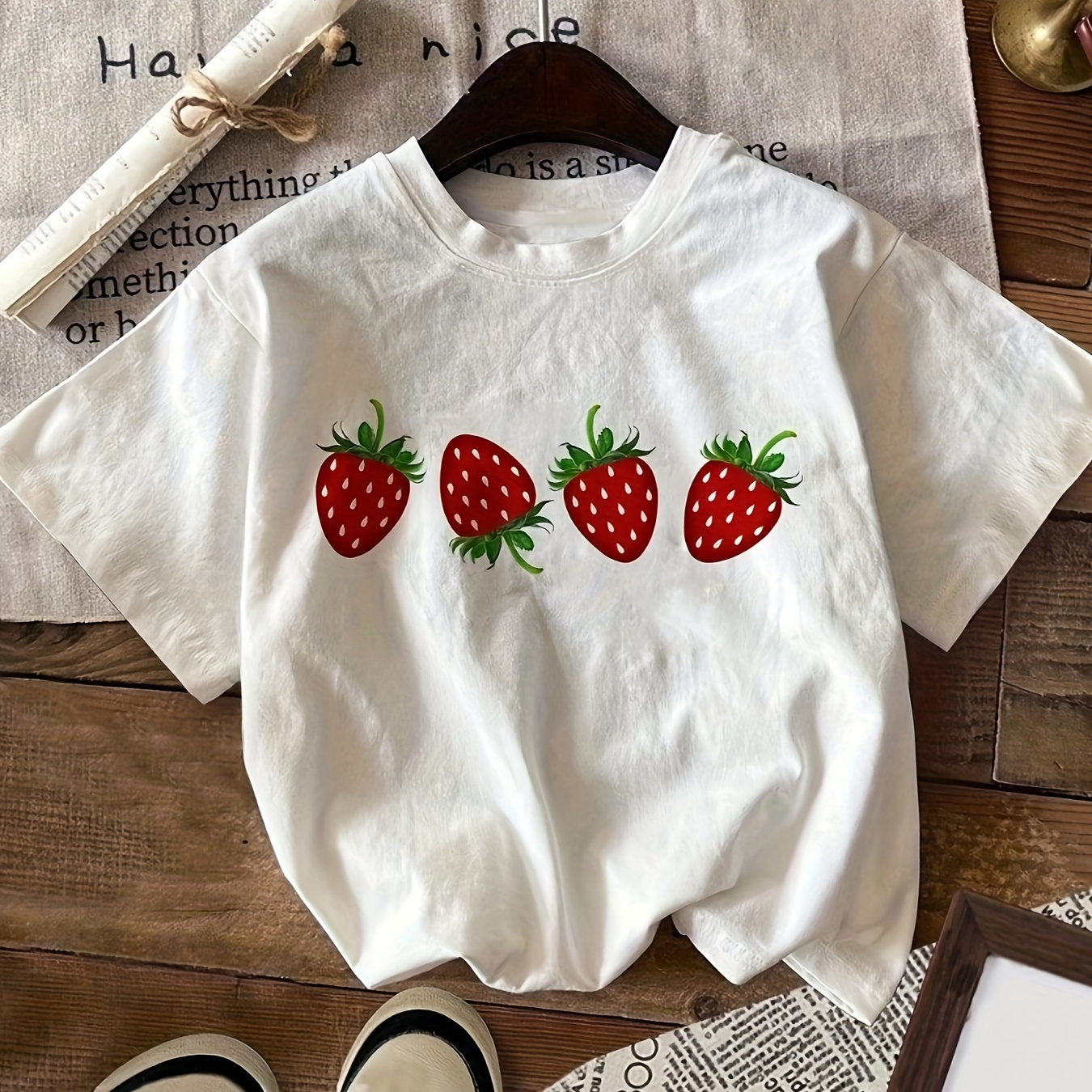 

Women's Strawberry T-shirt - Soft Knit, Stretchy Polyester , Machine Washable, Crew Neck, Short Sleeve -