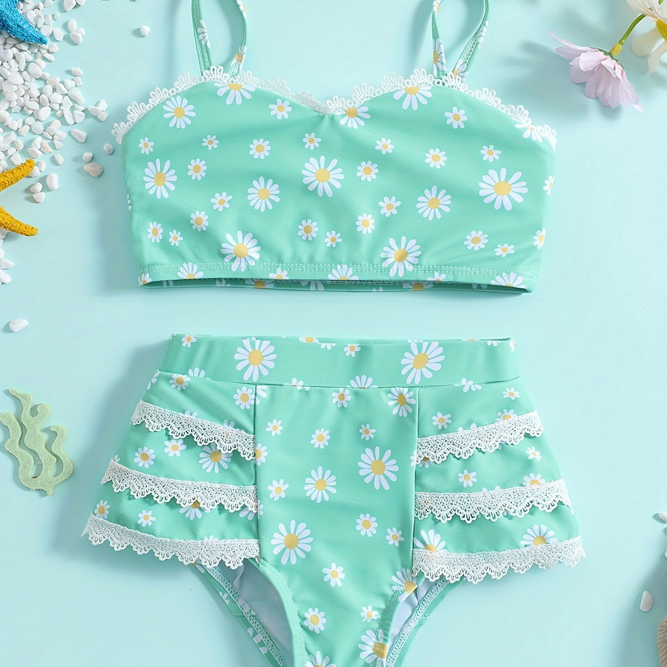 

Adorable Summer Swimsuit Set For Girls - Daisy Graphic Cami Top & Mid Stretch Lace Trim Shorts Bikini!