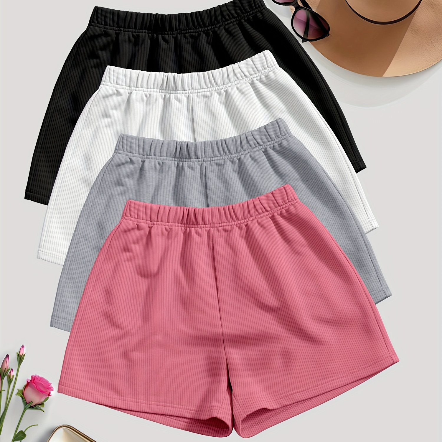 

4 Pack Solid Color Shorts, Casual Elastic Waist Shorts For Summer & Spring, Women's Clothing