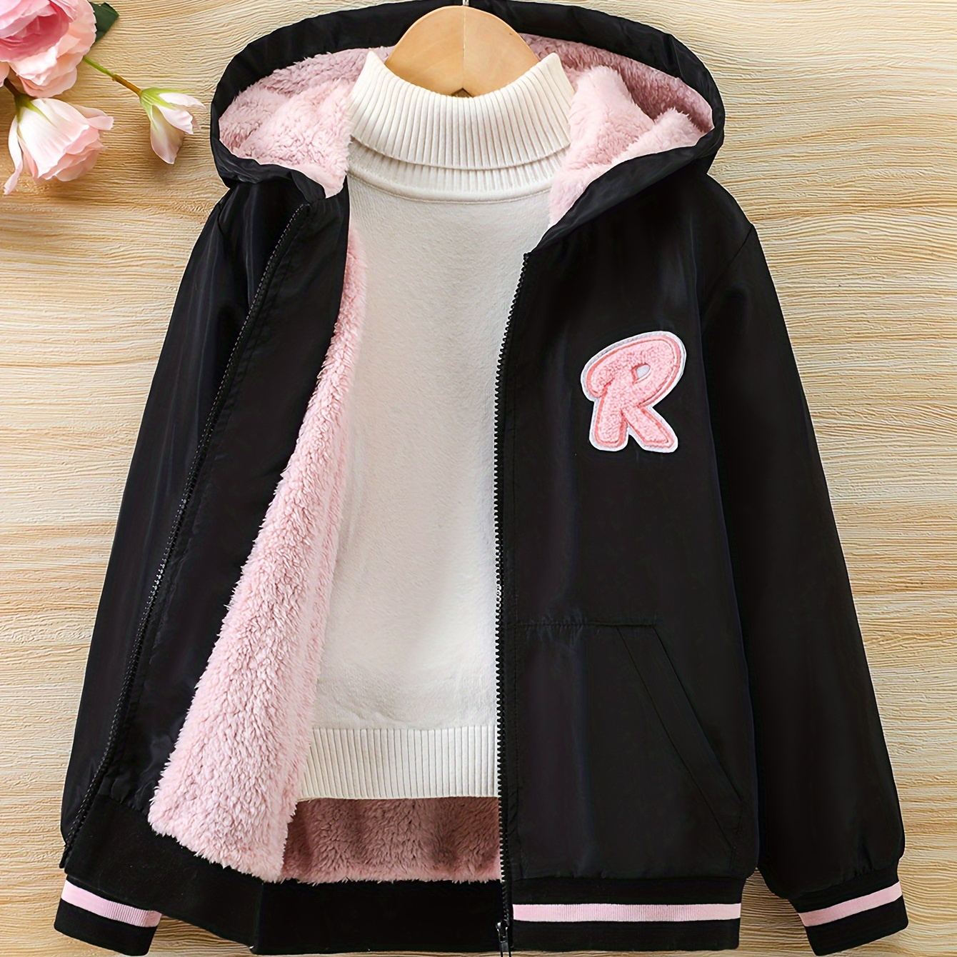 

Kids Girls Parka Jacket, Contrast Teddy Fleece Line Motorcycle Style Sweet Cool Hoodie Jacket Coat