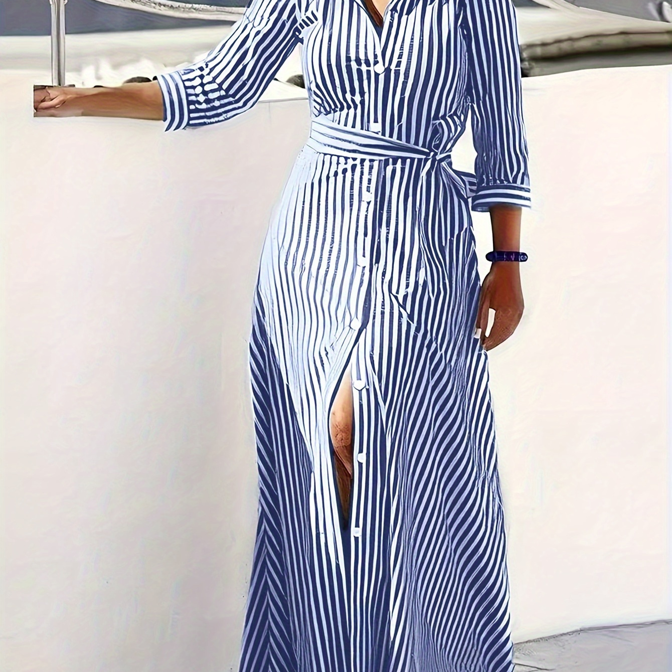 

Striped Lace Up Button Front Shirt Dress, Casual Long Sleeve Dress For Spring & Fall, Women's Clothing