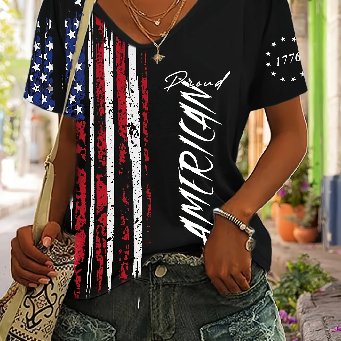 

Women's Patriotic V-neck T-shirt With American - Casual Short Sleeve, Stretchy Polyester , Machine Washable -