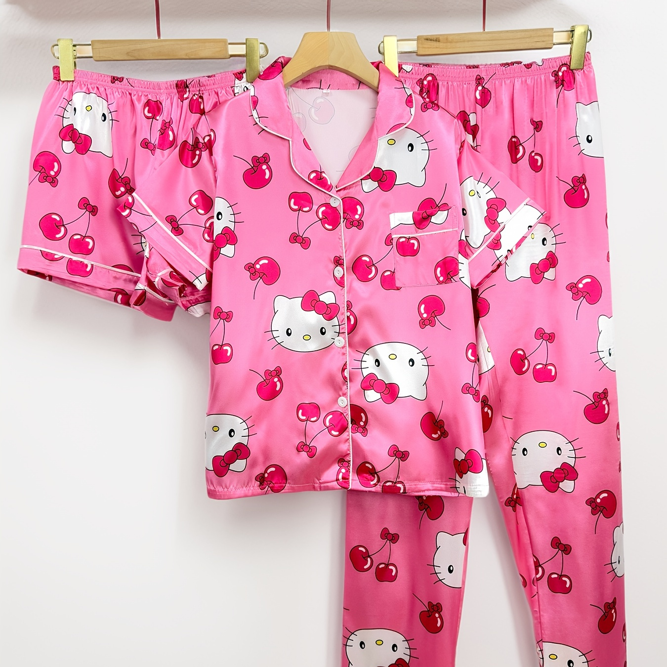 

Sanrio Hello Kitty Cherry Satin Pajama Set Pieces Short Sleeve Top + Long Pants + Shorts, Women's Collar Button Cardigan Home Clothes Piece Set