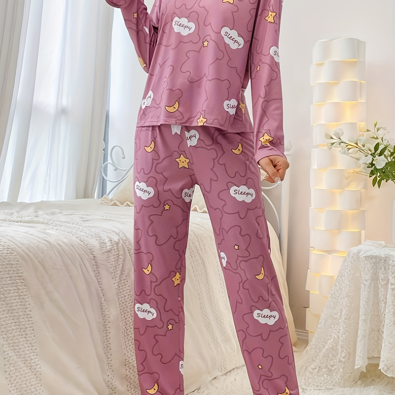 

Women's Cartoon Bear & Cloud & Star Print Casual Pajama Set, Long Sleeve Round Neck Top & Pants & Eye Mask, Comfortable Relaxed Fit - For Fall & Winter