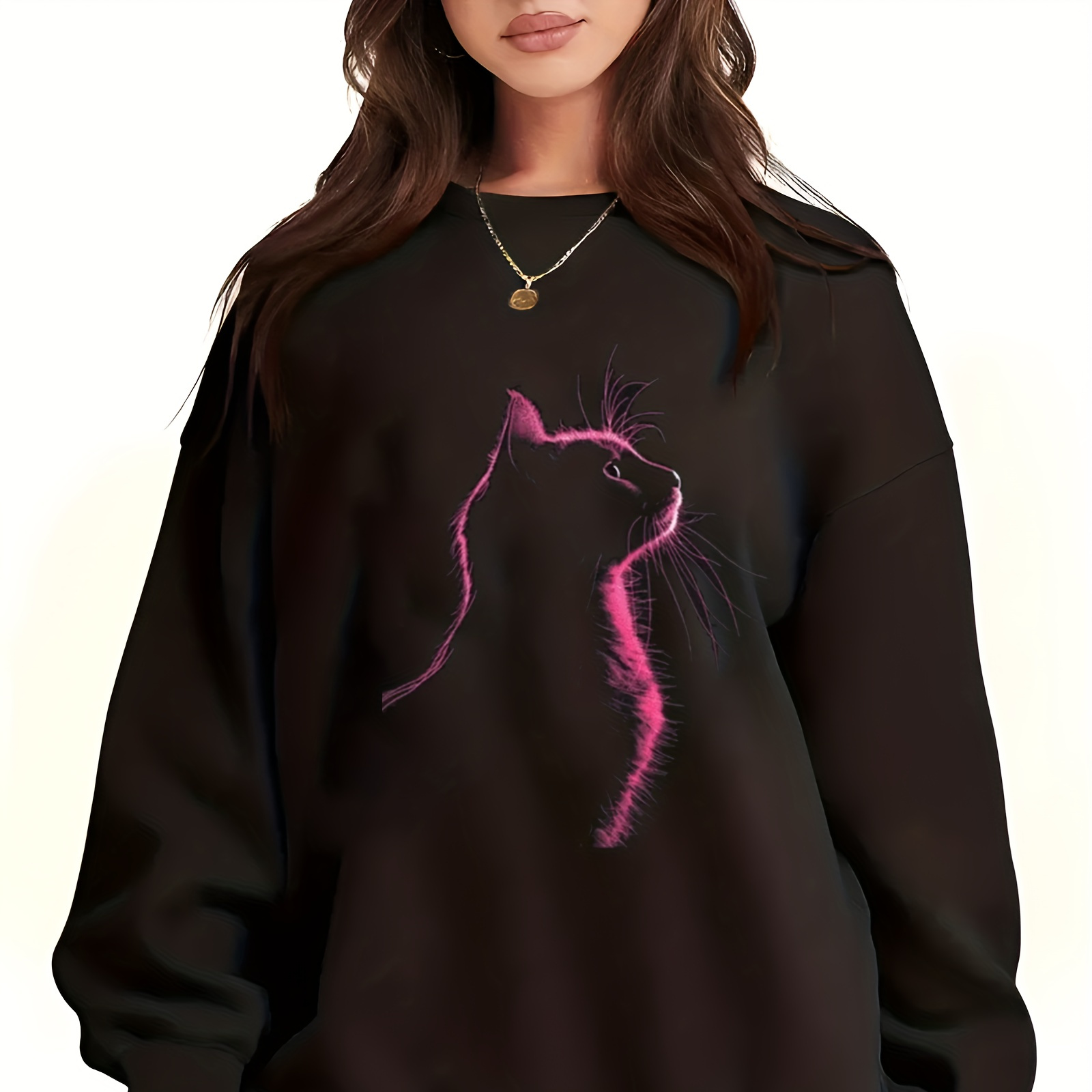 

Plus Size Cat Print Crew Neck Sweatshirt, Casual Long Sleeve Sweatshirt For Fall & Winter, Women's Plus Size Clothing
