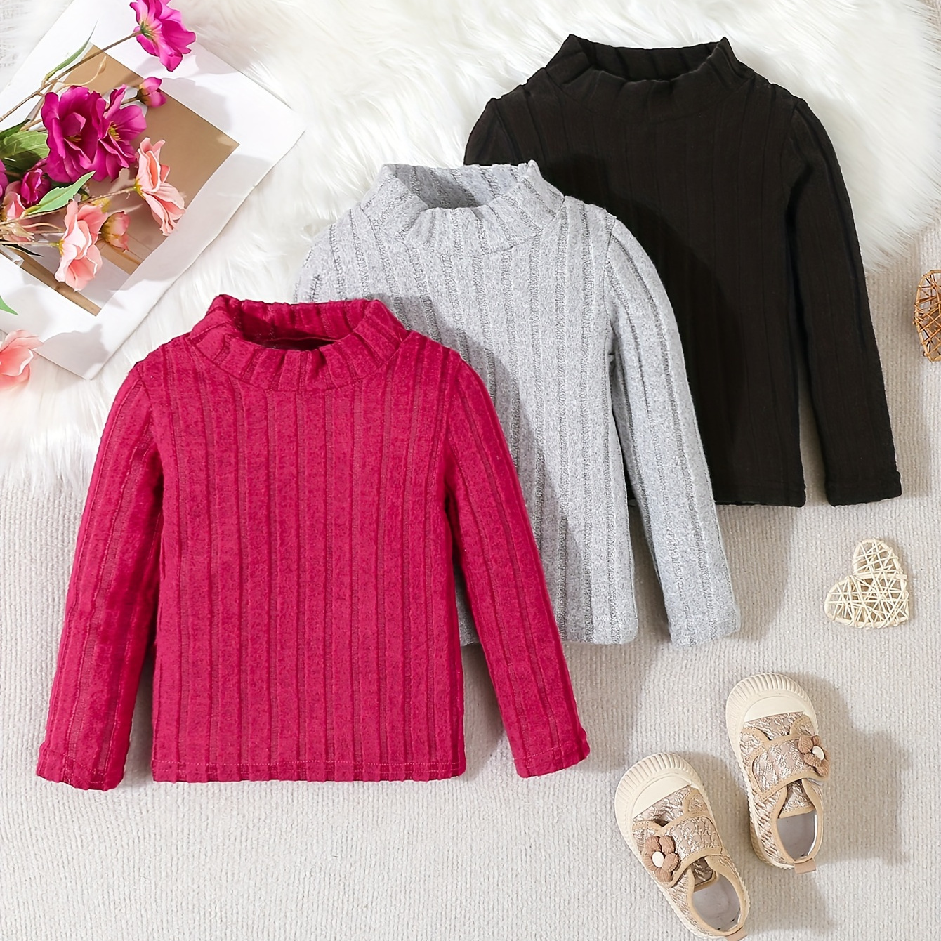 

' Fleece-lined Ribbed Sweaters - 3pcs, Long Sleeve For Fall/, , ,