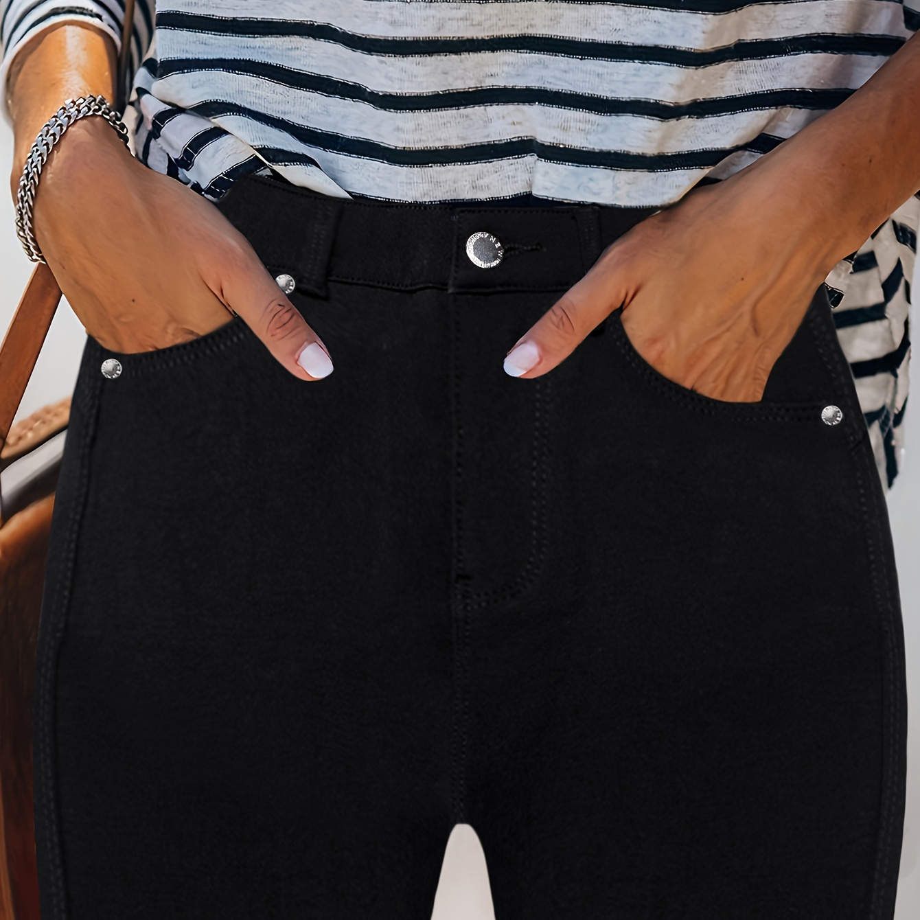 

Pantalon à détails cloutés, unie, , pantalon décontracté à taille mi- tous , vêtements femmes