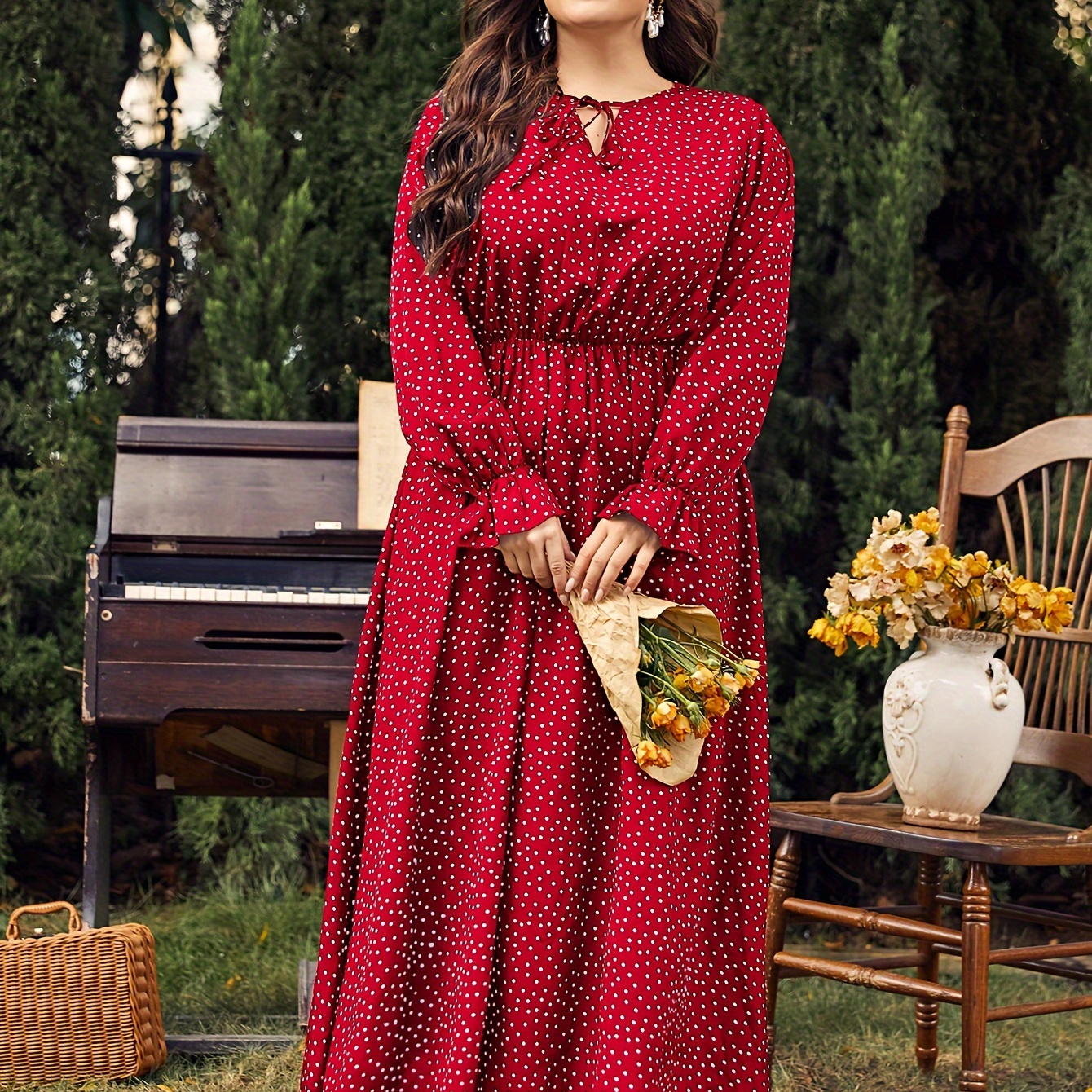 

Plus Size Polka Dot Print Cinched Waist Dress, Elegant Long Sleeve Tie Neck Ankle Length Dress For Spring & Fall, Women's Plus Size Clothing