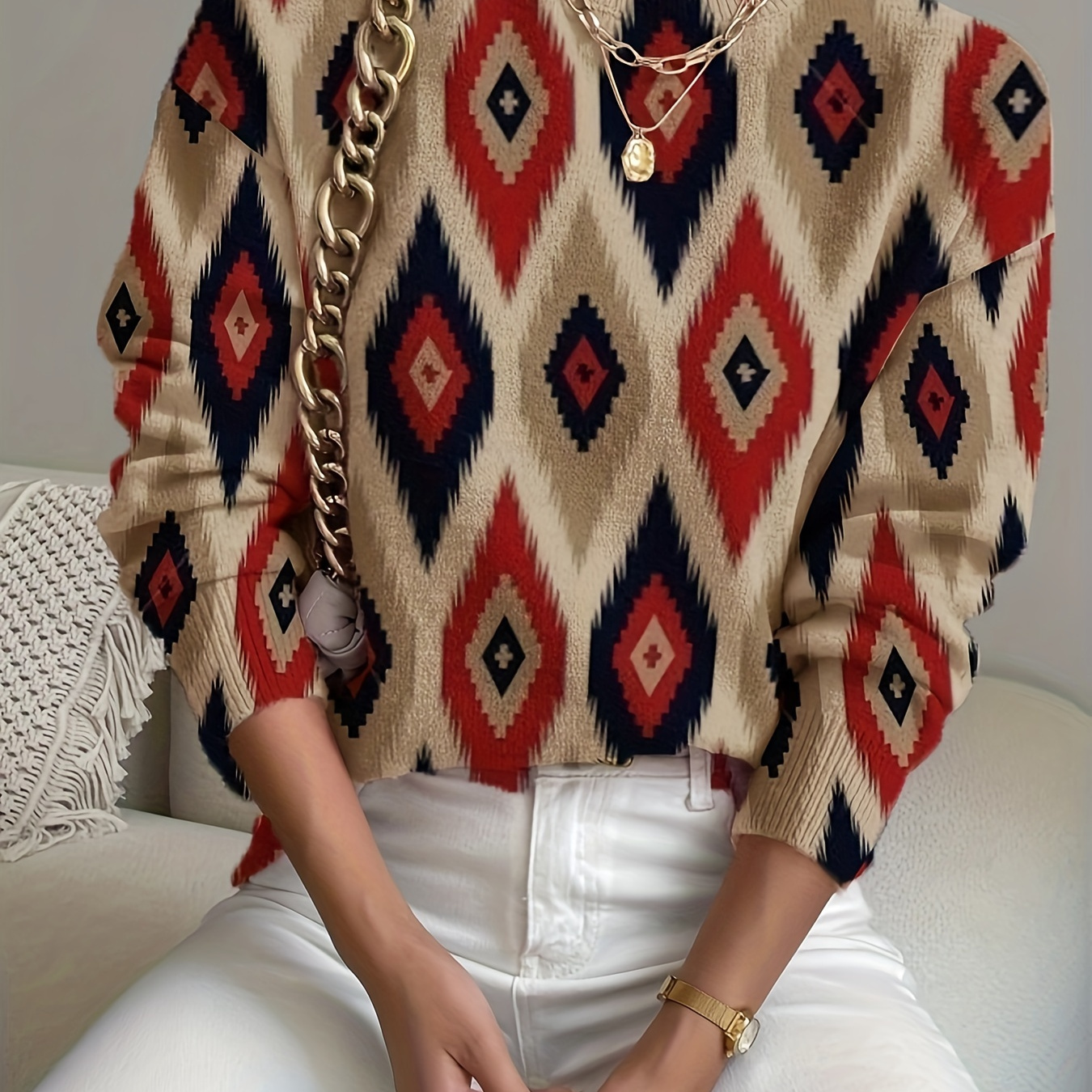 

New Autumn And Winter Elegant Stand Collar Geometric Pattern Print Long Sleeve Sweater Casual Long Sleeve Loose Sweater Winter Sweater