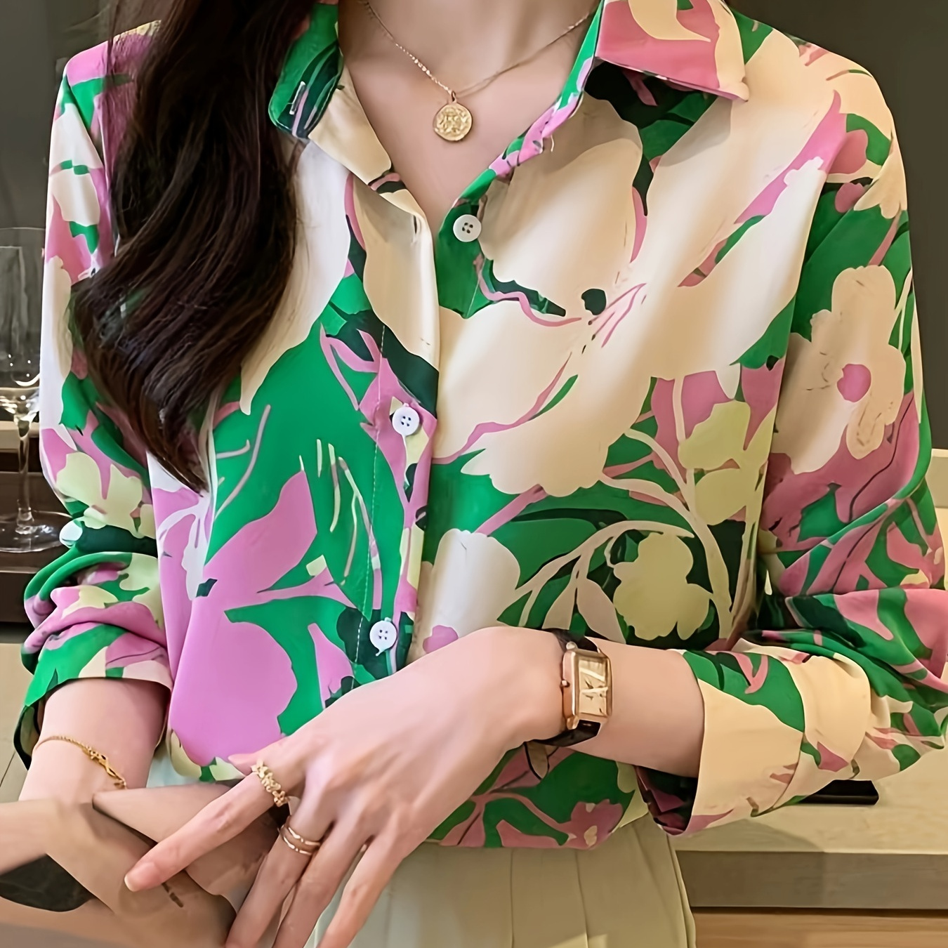 

Chemise Boutonnée À Imprimé Floral, Chemise Décontractée À À Manches Longues, Vêtements Pour Femmes