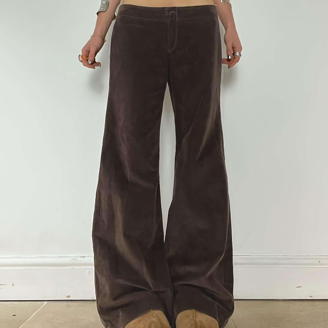 

Pantalon Évasé en Velours Marron d'Inspiration Vintage avec Fermeture Éclair - Taille Basse, Pantalon Cloche, Lavable en Machine, Polyester - Chic & Confortable pour Toutes les