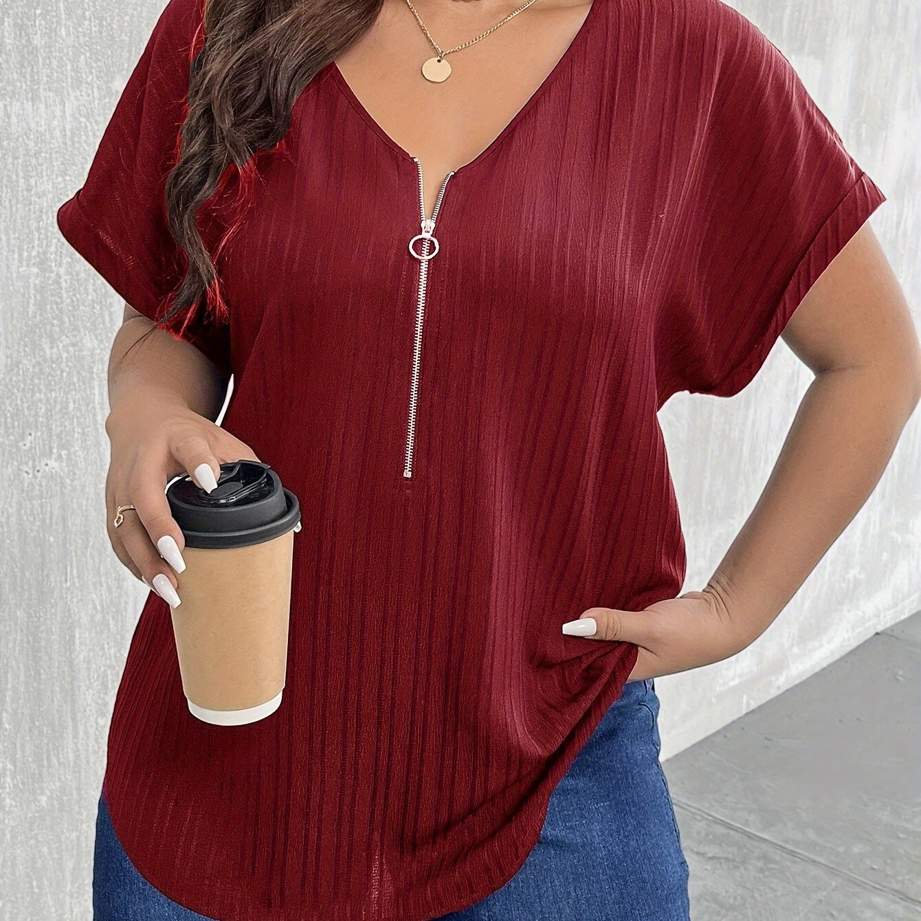 

Plus Size Half Zip Textured Blouse, Casual V Neck Short Sleeve Blouse For Spring, Women's Plus Size clothing