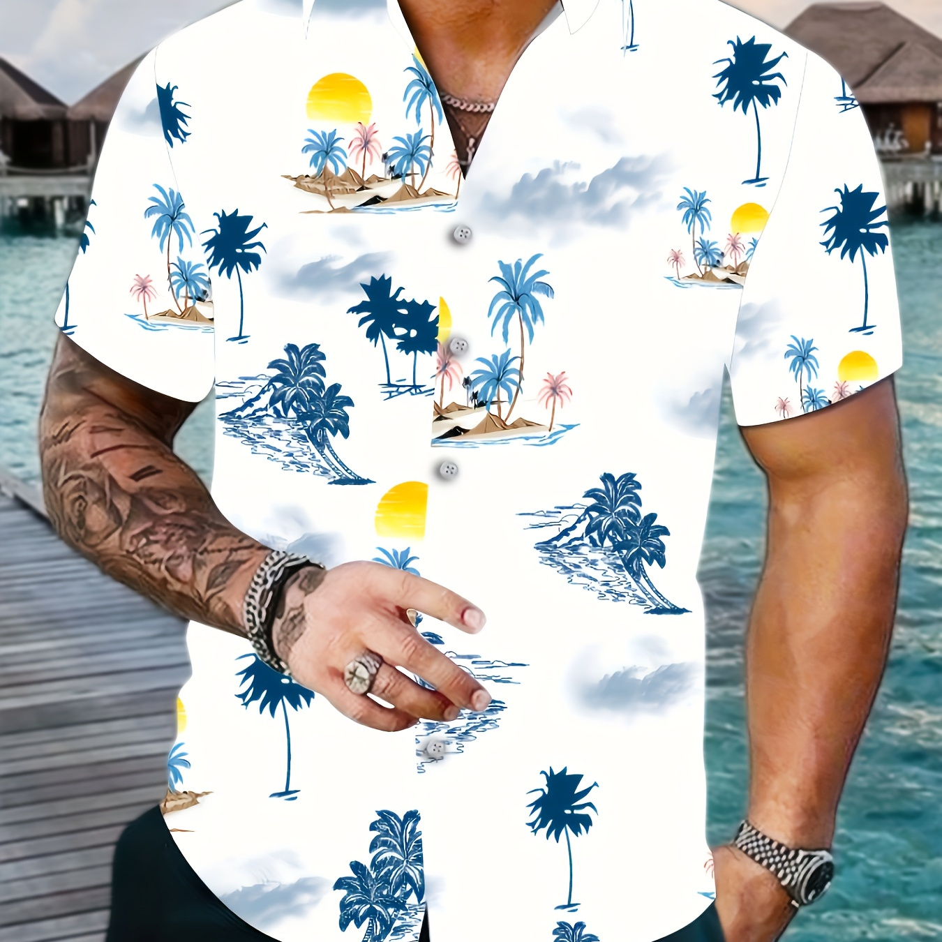 

Men's Palm Trees Beach Print Short Sleeve Button Up Shirt - Perfect For Summer Beach Days