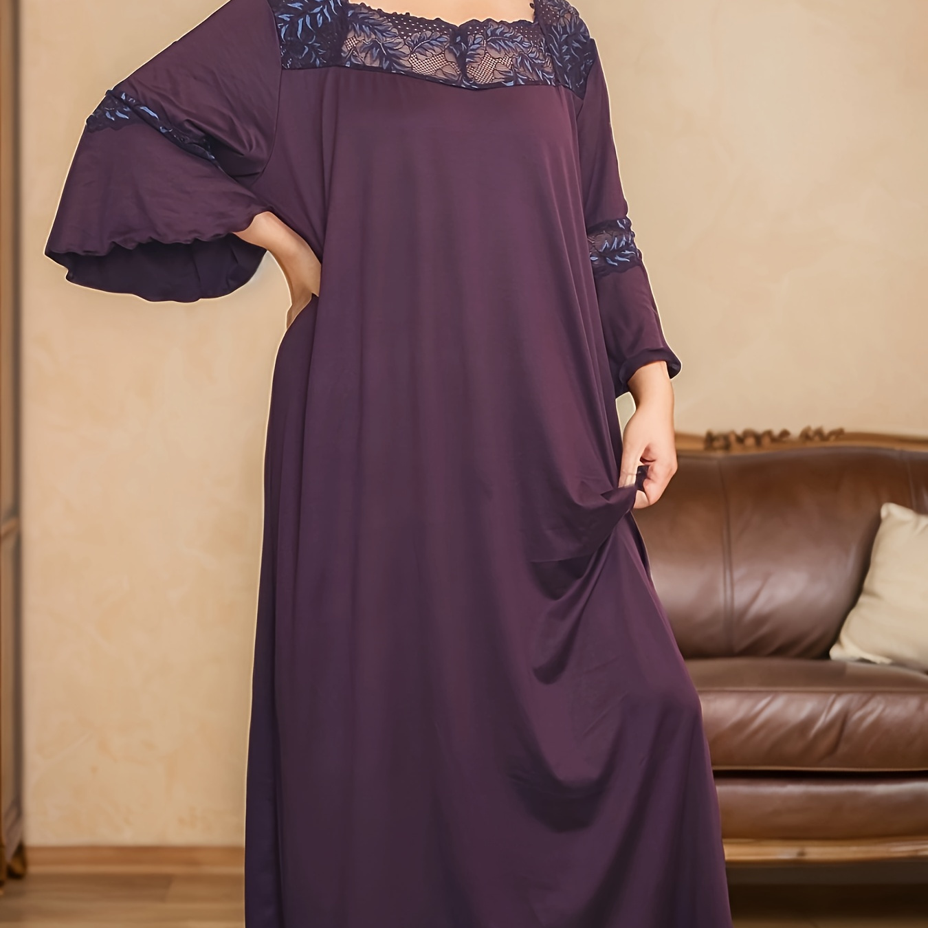 

Large Size Sexy For Lotus Leaf Lace Home Clothes Comfortable Square Neck Short Sleeve Purple Nightgown Dress