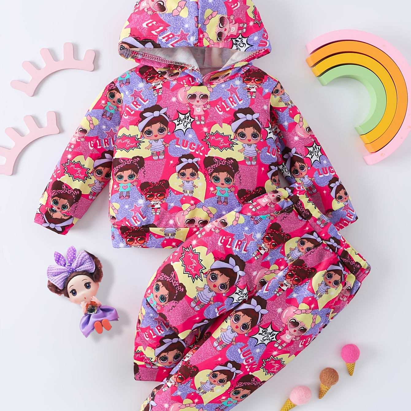 Toddler Baby Girls Cute Cartoon Anime Graphic Outfits, Kid's Stylish Hoodie Pants Set