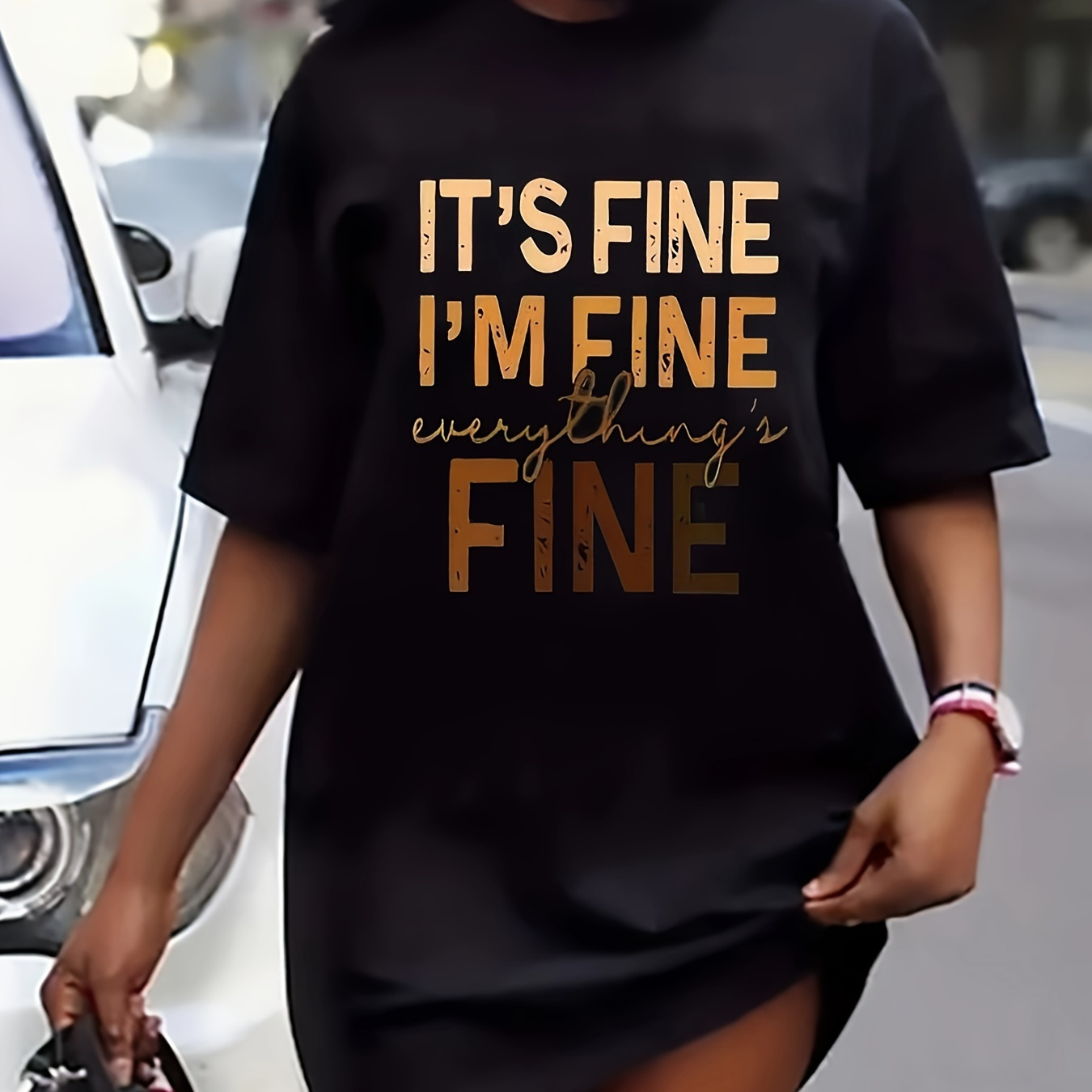 

Fine Print Tee Dress, Short Sleeve Crew Neck Casual Dress For Summer & Spring, Women's Clothing