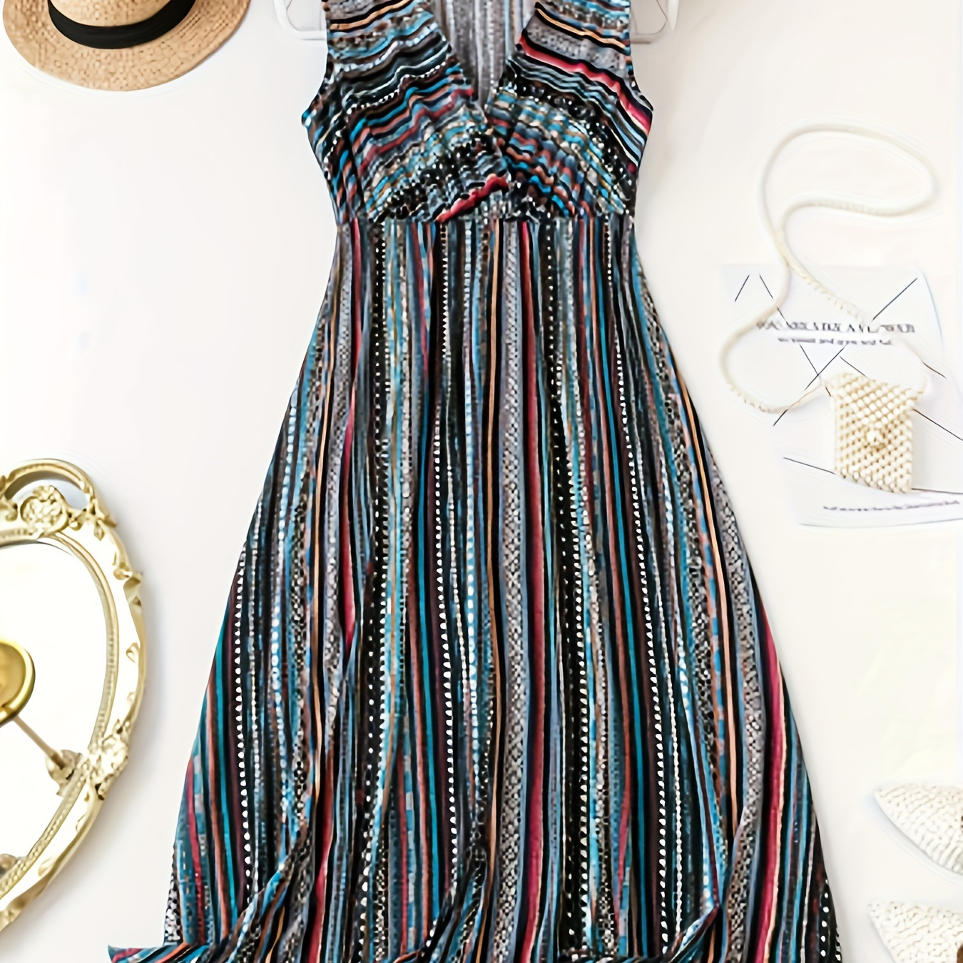 

Robe Imprimée Géométrique Grande Taille, Robe Décontractée Sans Manches Col V Pour L'été, Vêtements Grande Taille Pour Femmes