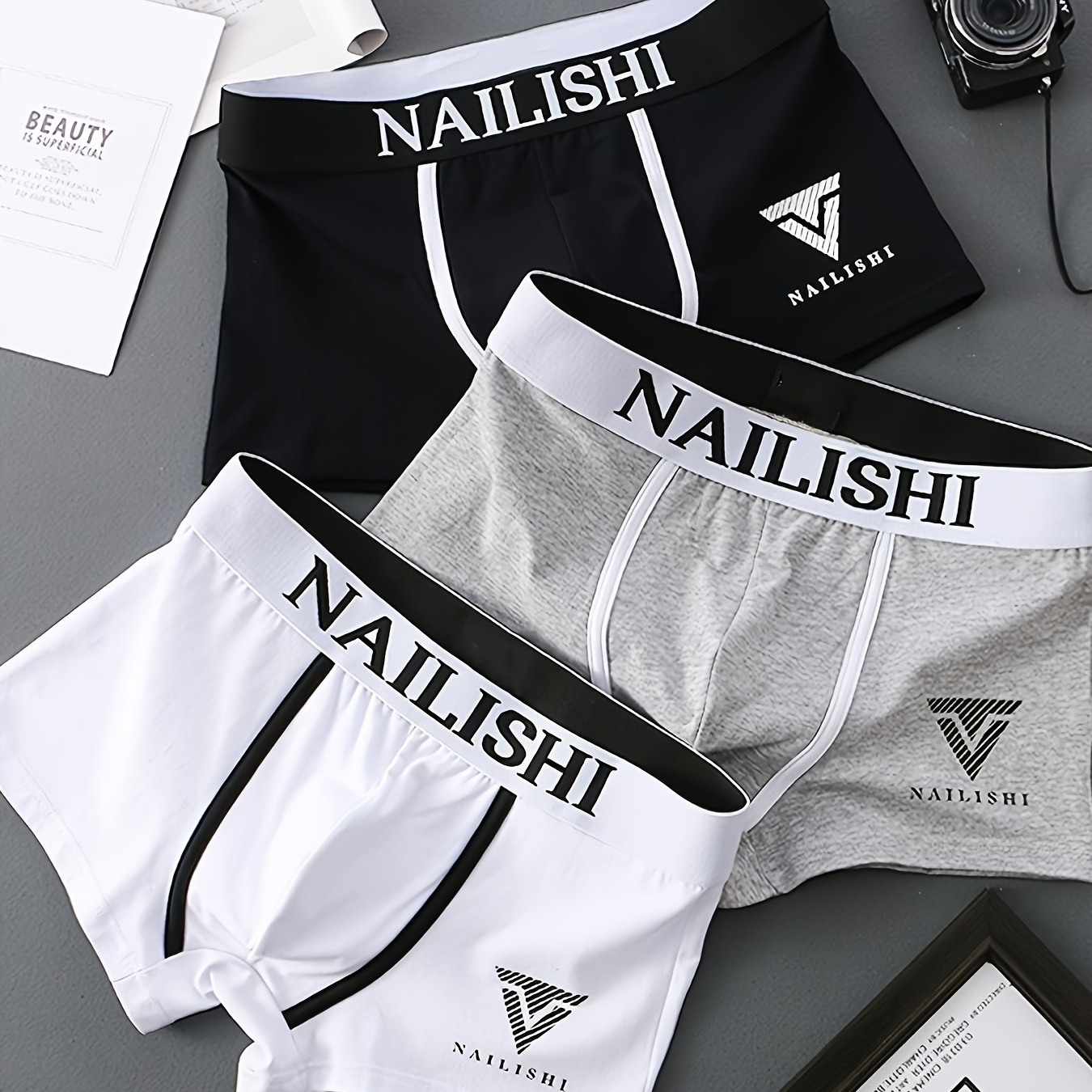 

3pcs Men's Underwear, Fashion Breathable Comfy Boxer Briefs Shorts, Letters Print Boxer Trunks