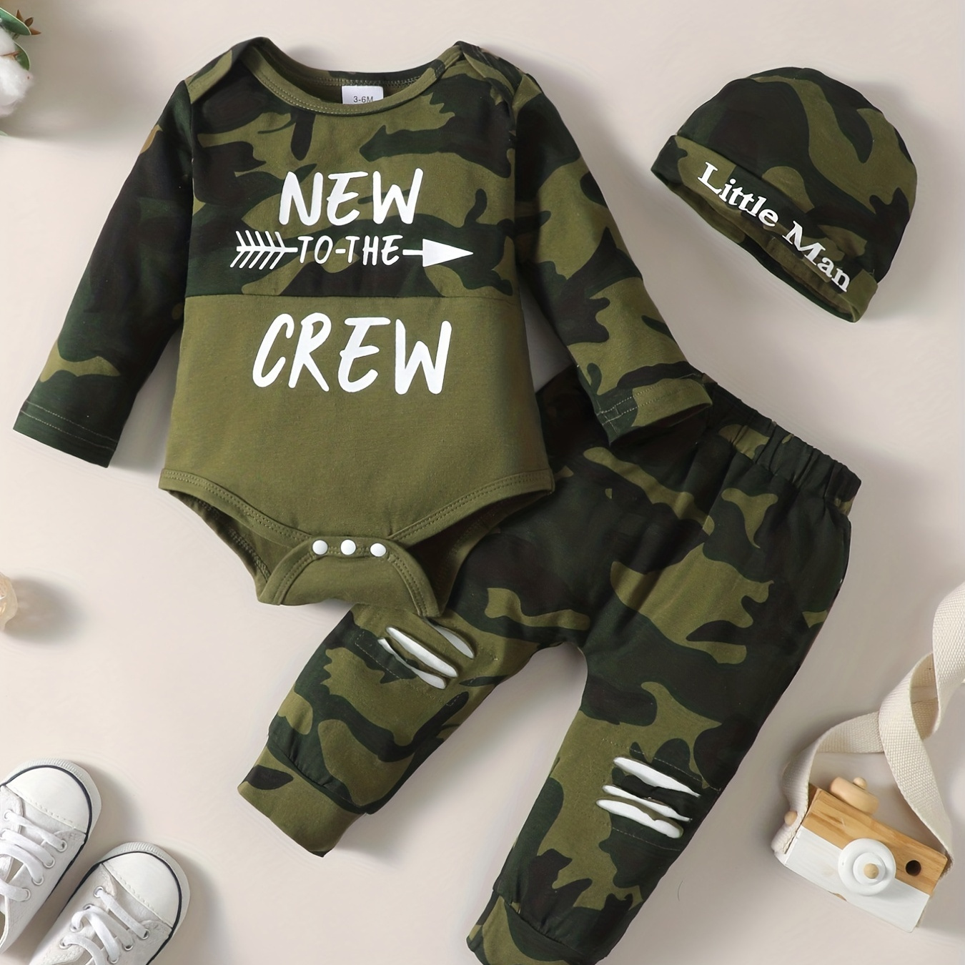 Baby Boy's Camouflage Long Sleeve Suit, NEW TO THE CREW Letter Printed Romper & Trousers Set, Cotton Comfy Casual Set For Newborn