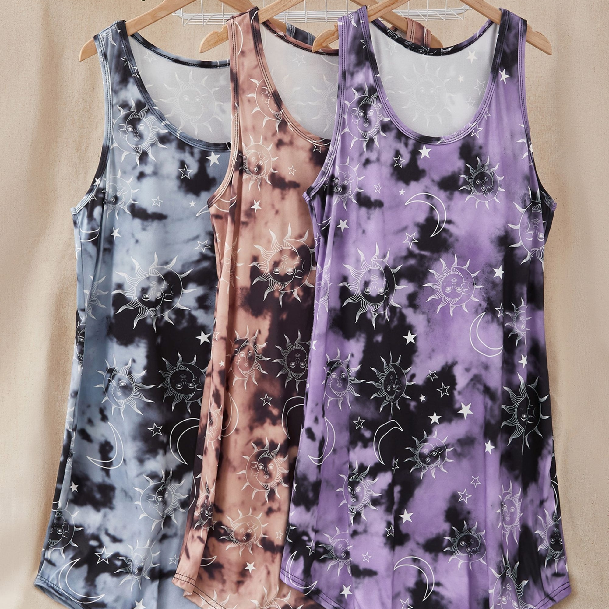 

3pcs Women's Plus Retro Sleep Dress, Plus Size Tie Dye & Sun & Moon Print Round Neck Tank Nightdress