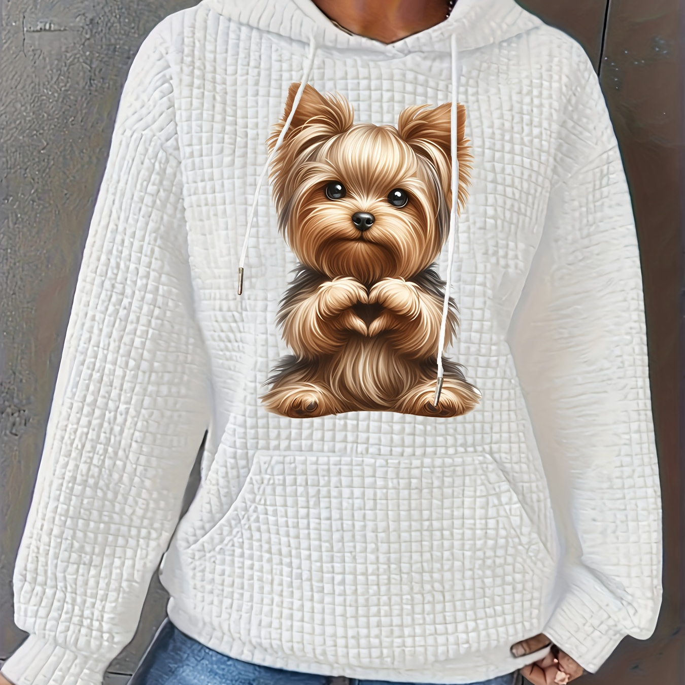 

Women's Casual Knit Hooded Sweatshirt, Polyester 100%, Raglan Long Sleeve, Loose Fit, Solid Color Pullover With Yorkie Applique, For All