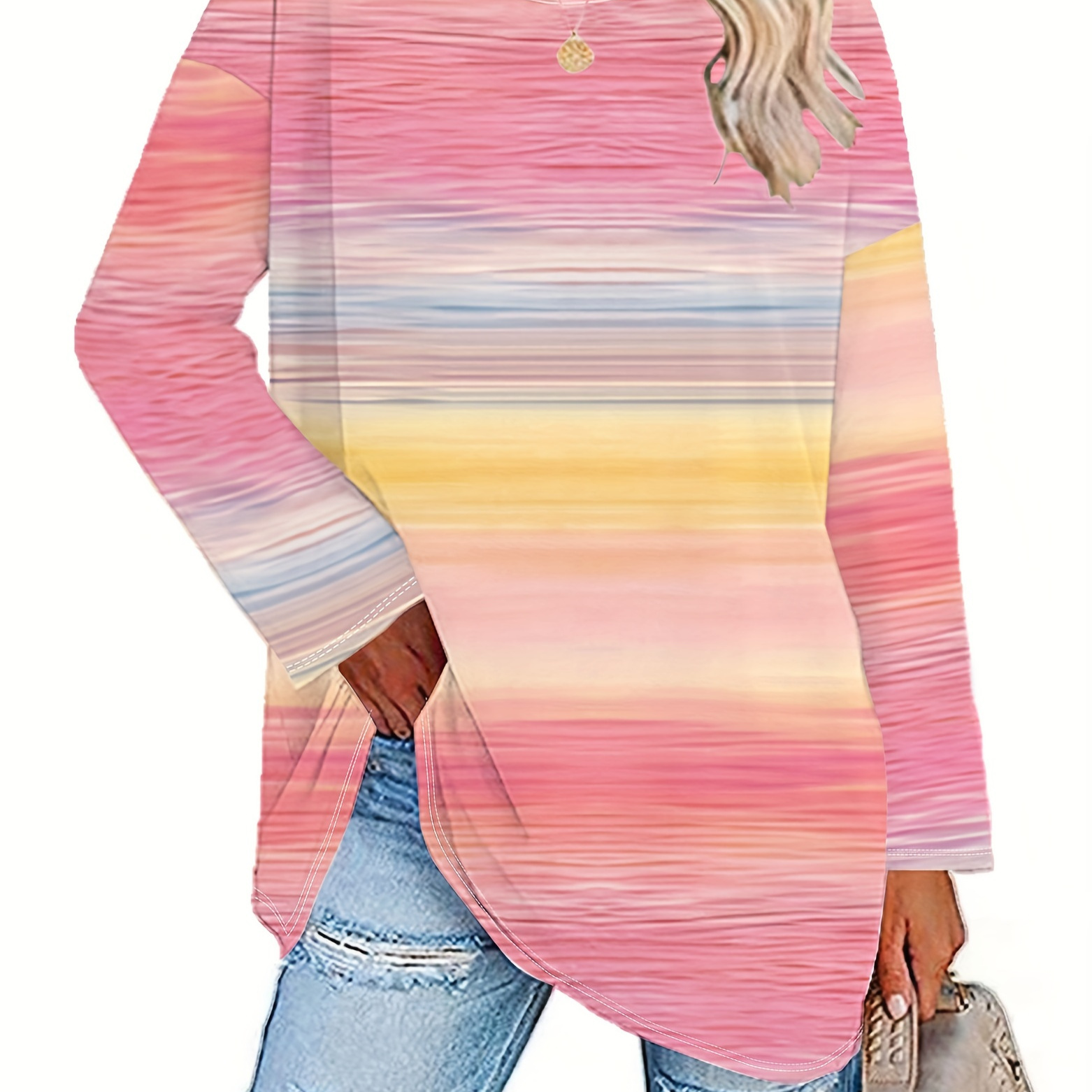 

Plus Size Colorful Tie Dye Print Top, Casual Long Sleeve Crew Neck Top For Spring & Fall, Women's Plus Size Clothing